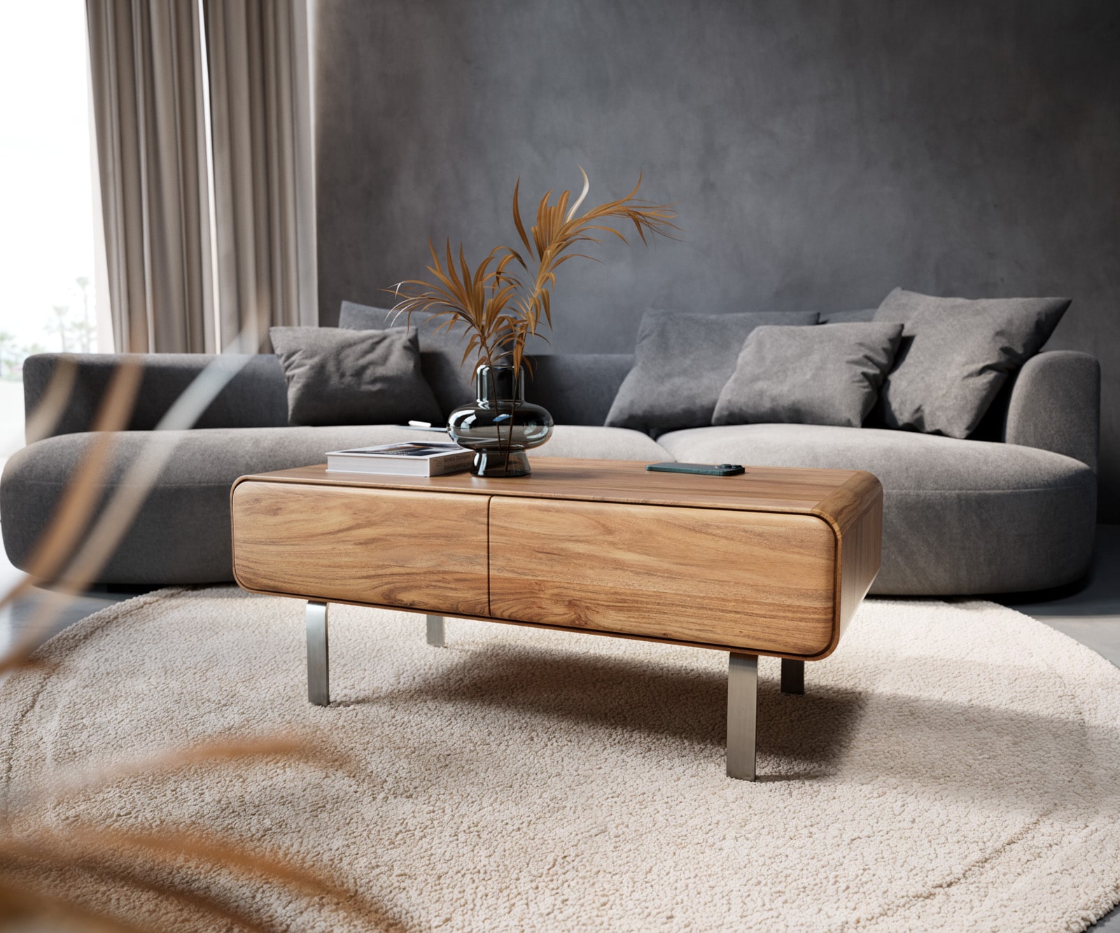 Couchtisch Anaya 100x50 cm Akazie Natur 2 Schubladen L-Fuß Edelstahl 3 Couchtisch Anaya 100x50 cm Akazie Natur 2 Schubladen L-Fuß Edelstahl 3