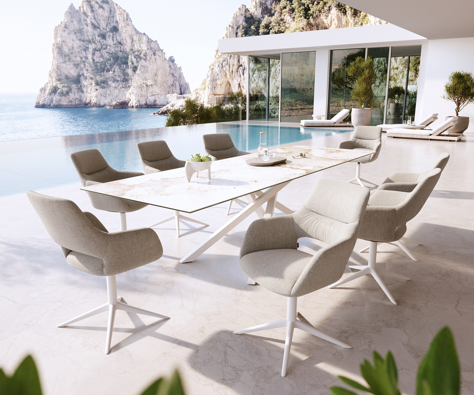 Chaise-d'extérieur Yago-Flex avec accoudoirs tissu texturé gris-blanc pied de chaise 4 branches blanc pivotement sur 360° fonction bascule 3