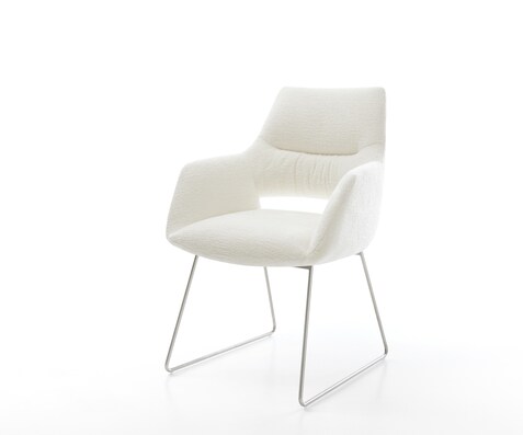 Chaise-de-salle-à-manger Yago-Flex avec accoudoirs bouclé doux beige pied trapèze acier inoxydable resorts ensachés