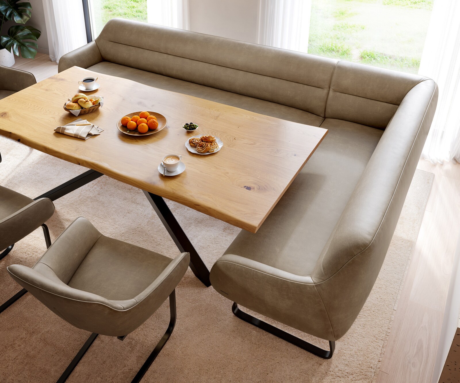 Esszimmerbank Taya-Flex 285x190 cm Mikrofaser Beige Vintage Kufengestell flach Schwarz Taschenfederkern Links 3