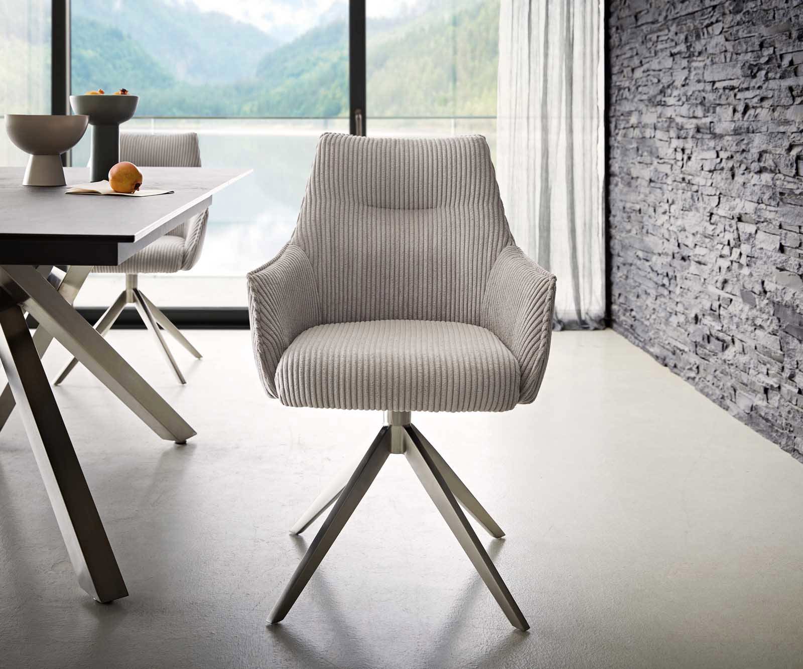 Drehstuhl Alja-Flex mit Armlehnen Cord Silbergrau Kreuzgestell breit Edelstahl 360° drehbar Taschenfederkern 1