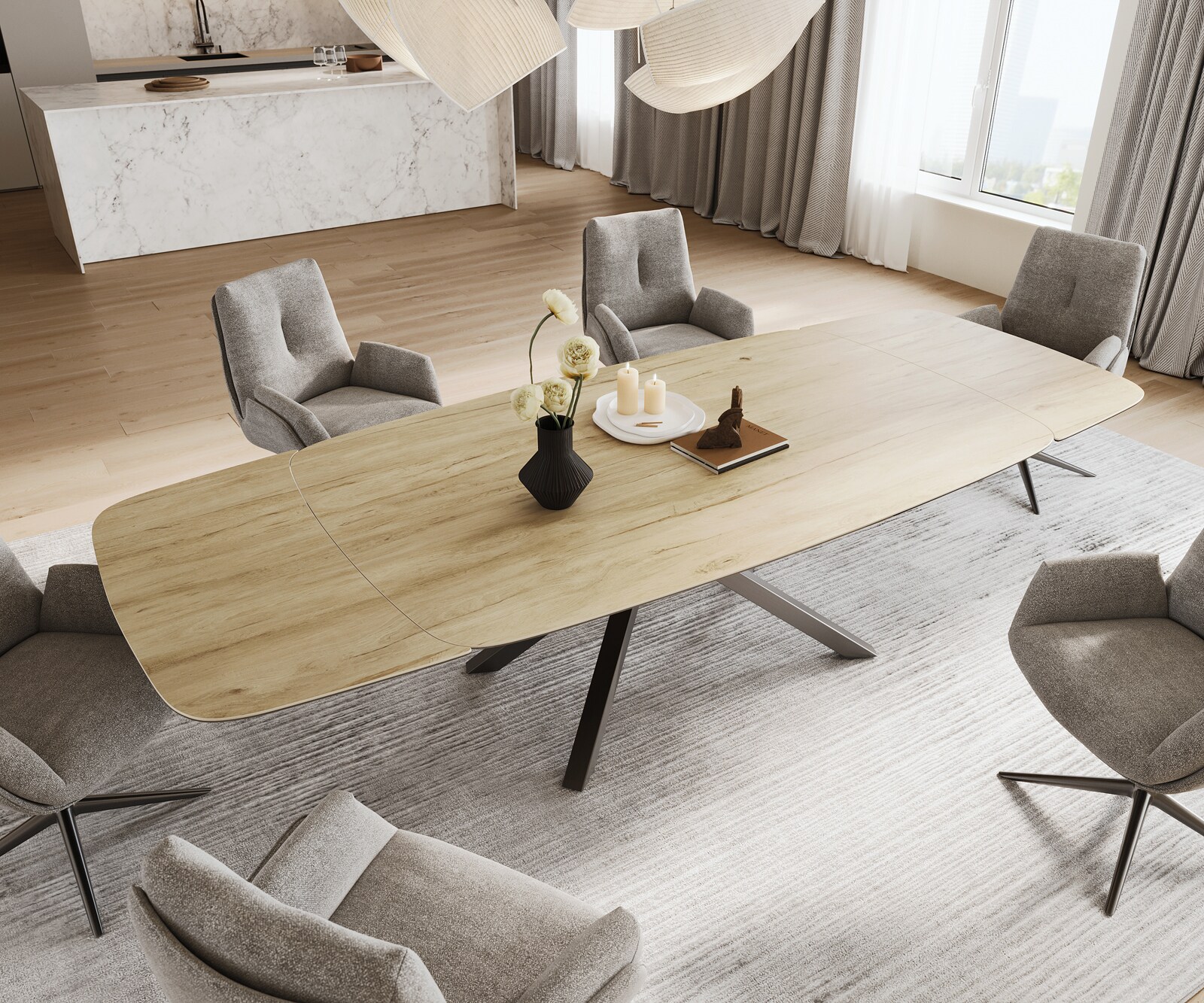 Esstisch Edge Boot 200-300x120 cm Keramik Laminam® Sabbia Eichefarbig Kreuzgestell Rechteck Edelstahl Graphit ausziehbar 3