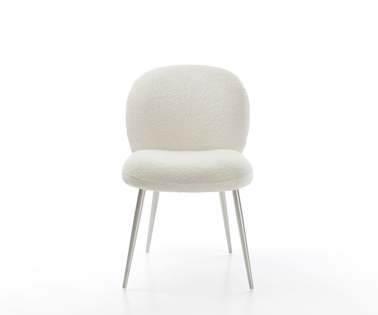 Chaise-de-salle-à-manger Nube-Flex bouclé blanc 4 pieds coniques acier inoxydable brossé ressorts ensachés 2 Chaise-de-salle-à-manger Nube-Flex bouclé blanc 4 pieds coniques acier inoxydable brossé ressorts ensachés 2