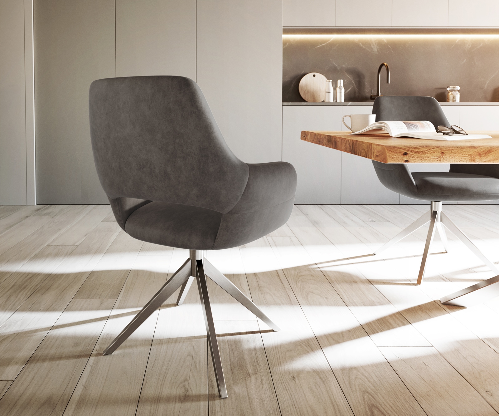 Esszimmerstuhl Yago-Flex mit Armlehnen Mikrofaser Anthrazit Vintage Kreuzgestell breit Edelstahl Taschenfederkern 5 Esszimmerstuhl Yago-Flex mit Armlehnen Mikrofaser Anthrazit Vintage Kreuzgestell breit Edelstahl Taschenfederkern 5