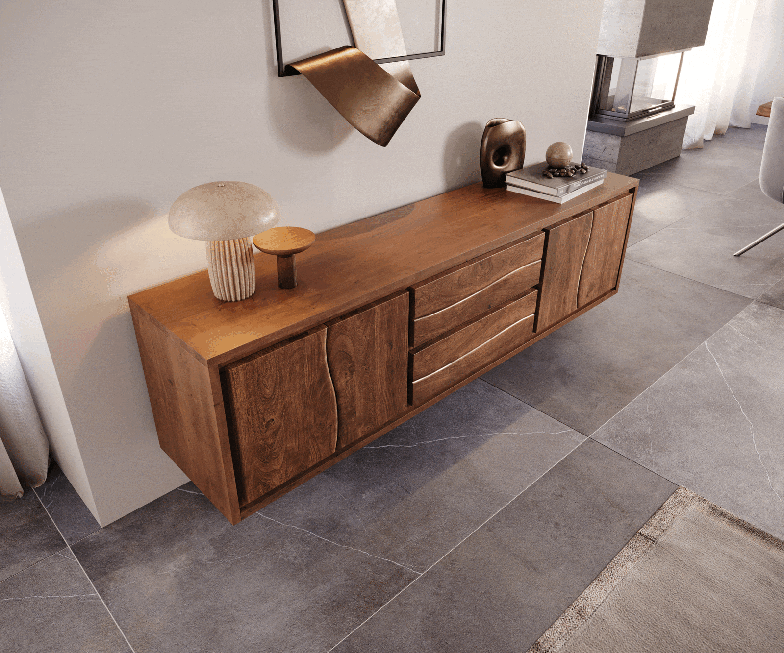 Lowboard Live-Edge 200 cm Akazie Braun 4 Türen 2 Schübe schwebend 3 Lowboard Live-Edge 200 cm Akazie Braun 4 Türen 2 Schübe schwebend 3