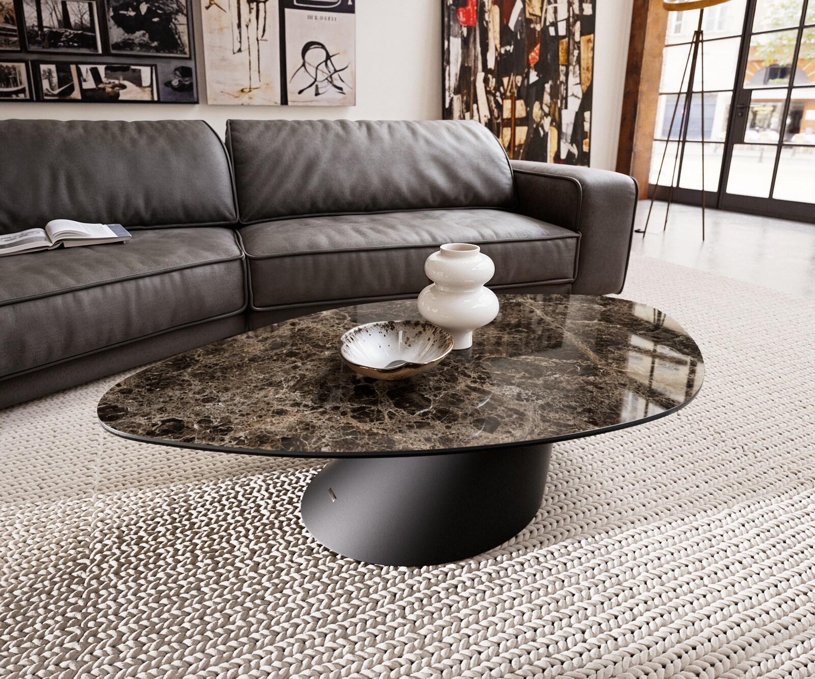 Couchtisch Edge Organisch 140x76 cm Keramik Emperador Extra Lucidato Dunkelbraun Conis Metall Schwarz 1
