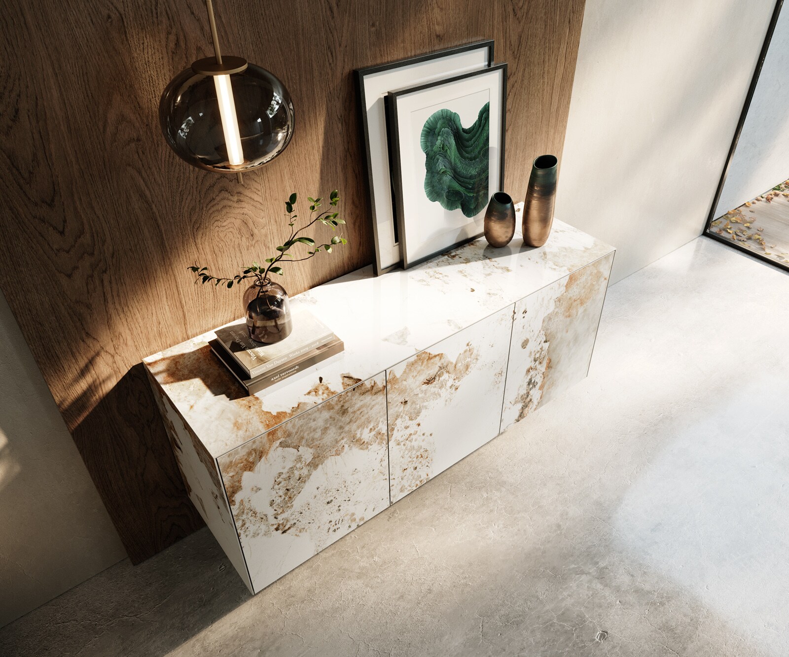 Sideboard Cuor 150 cm Keramik Minas Melange Weiß-Beige 3 Türen Schwebend 3