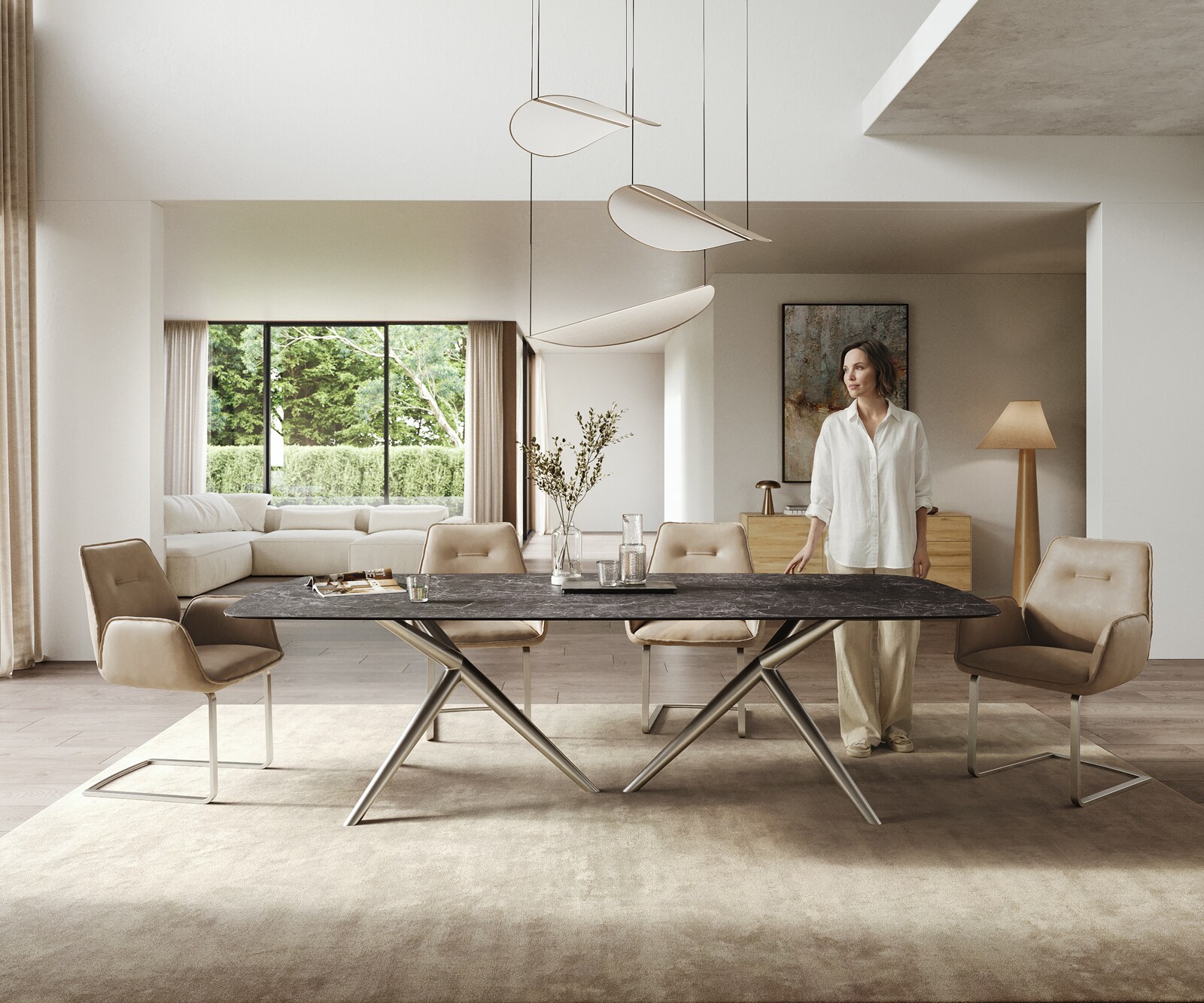 Table à manger Edge Boot 260x120 cm Céramique Laminam® Nero Greco Anthracite Estelar rond Acier inoxydable