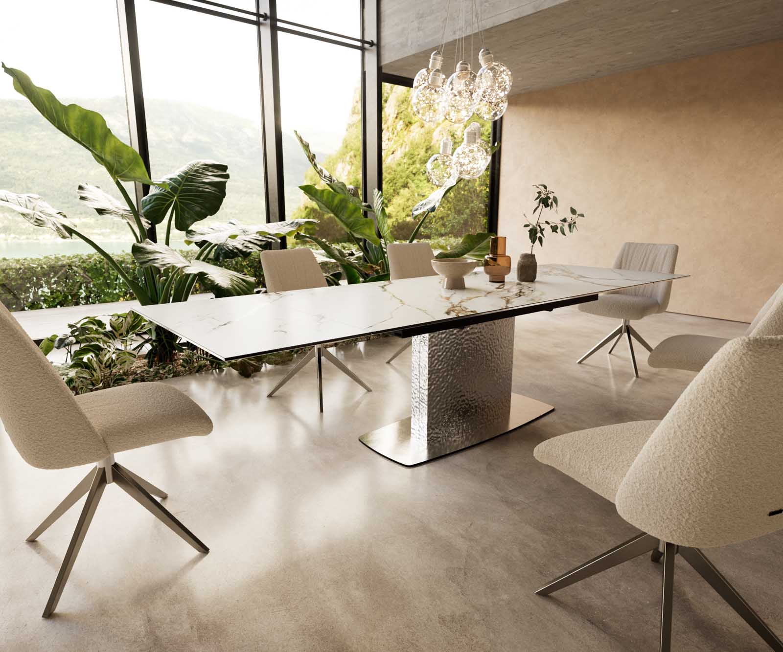 Esstisch Edge 200-300x100 Keramik Calacatta Luxe Weiß-Gold-Grau Wave Edelstahl ausziehbar