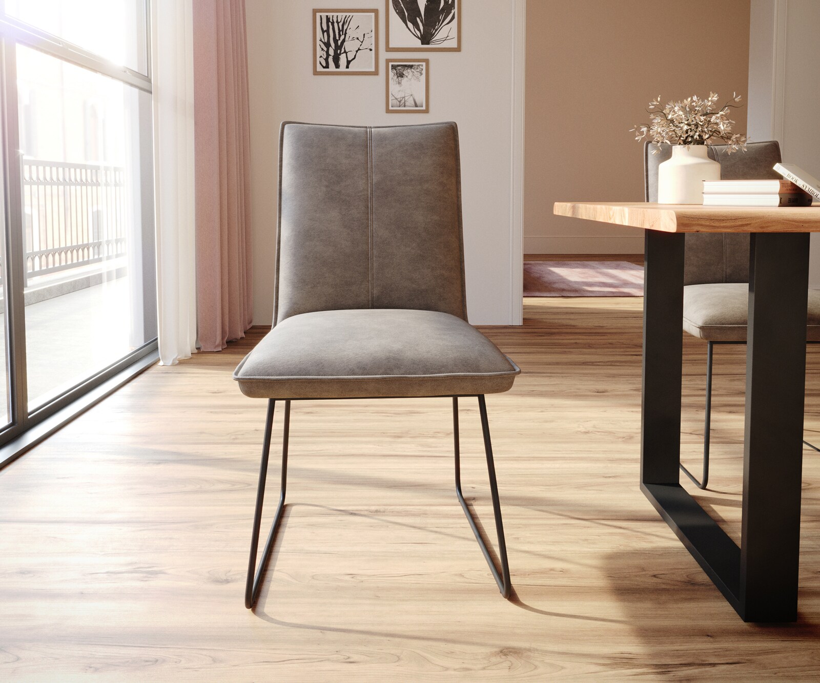 Chaise-de-salle-à-manger Lelio-Flex microvelours taupe vintage pied trapèze noir ressorts ensachés 2