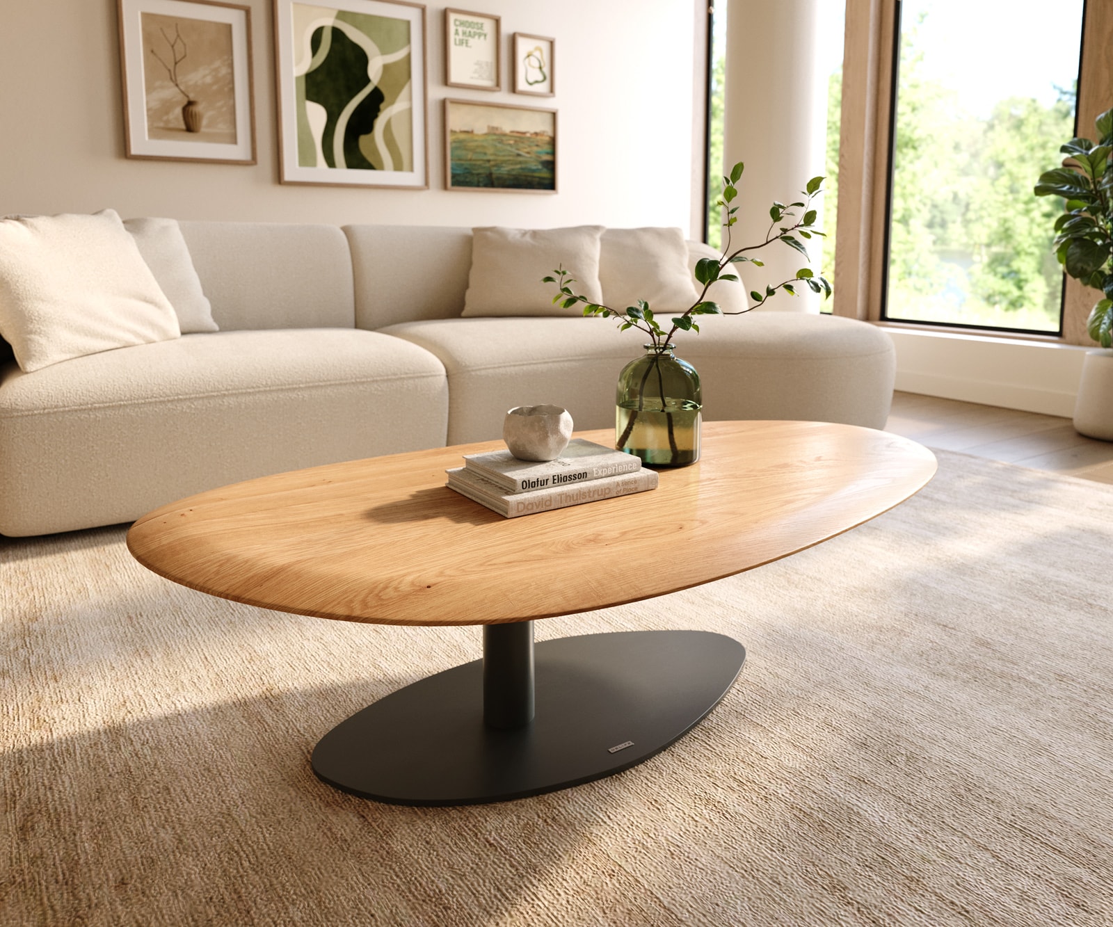 Wohnzimmertisch Edge Oval 140x75 cm Eiche Natur Runde Kante Vibany Metall Schwarz