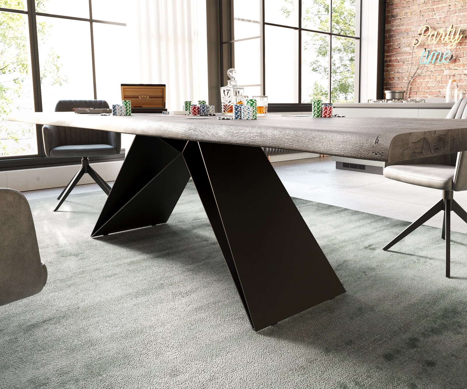 Table à manger Edge 300x100 XL acacia platine cadre en V acier plat noir Live-Edge 4