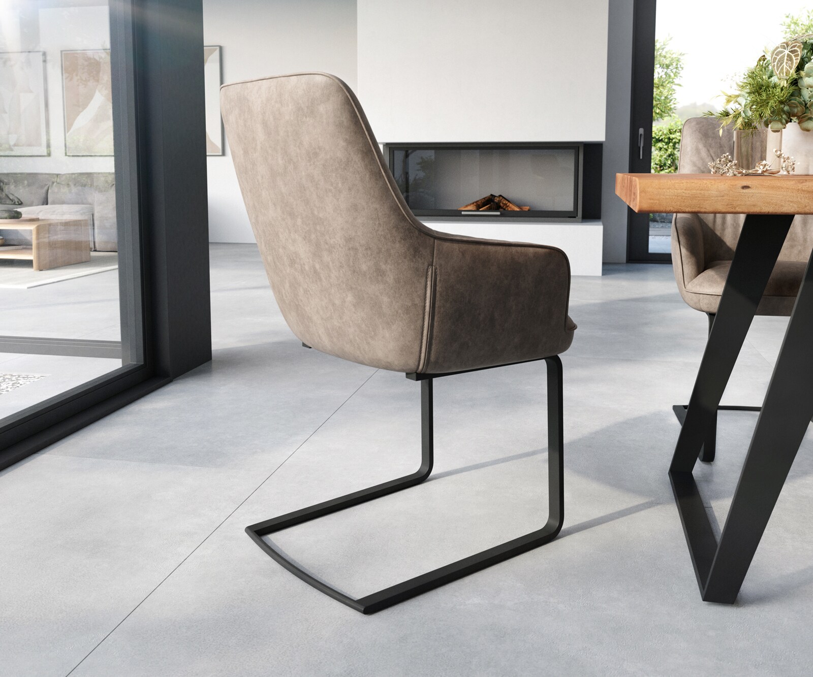 Cantilever Zelia-Flex avec accoudoirs microvelours taupe vintage pied cantilever plat noir ressorts ensachés 4