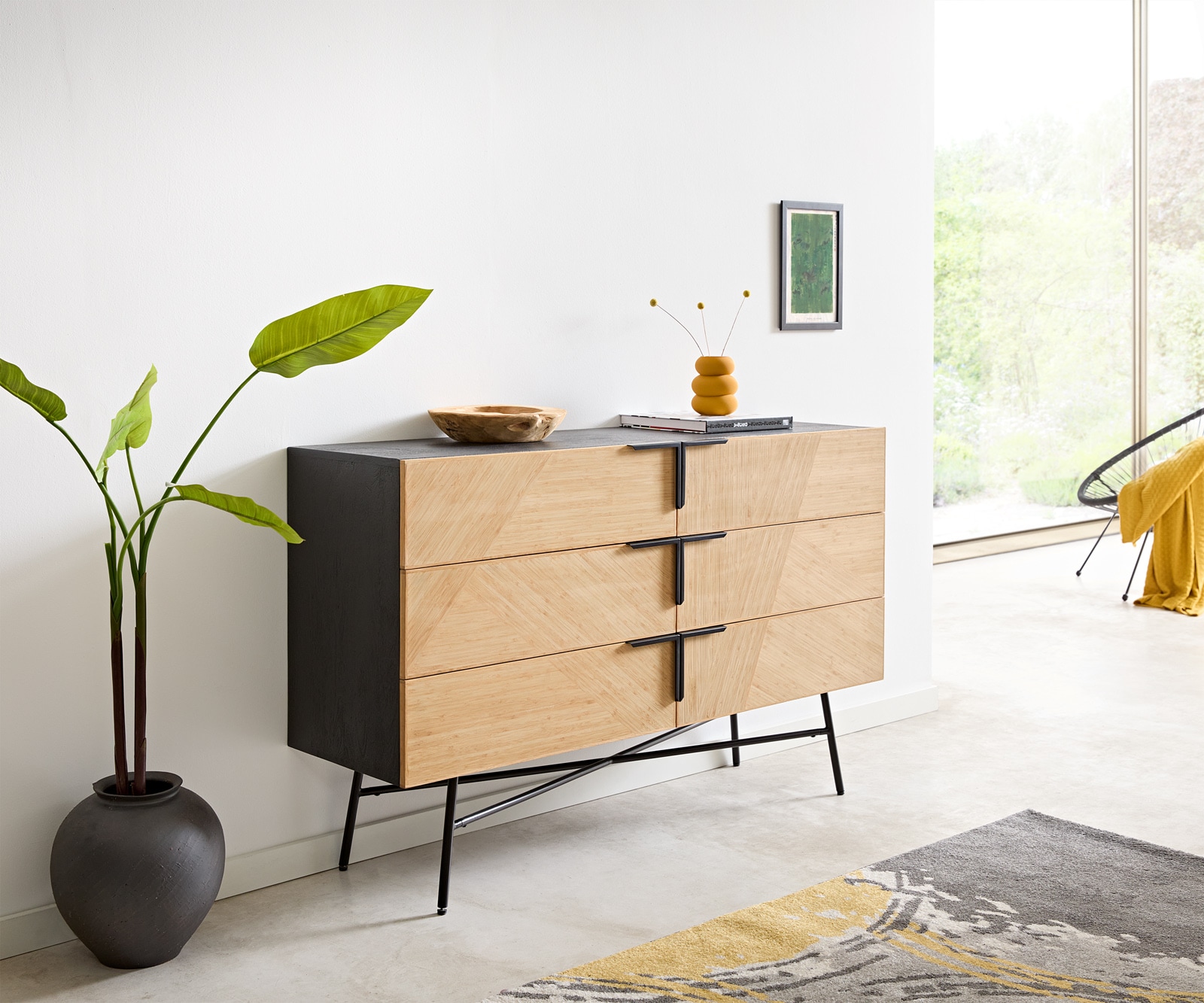 Sideboard Mikkusu 140 cm Bambus Natur Mango Schwarz 6 Schubladen Metall Schwarz 1