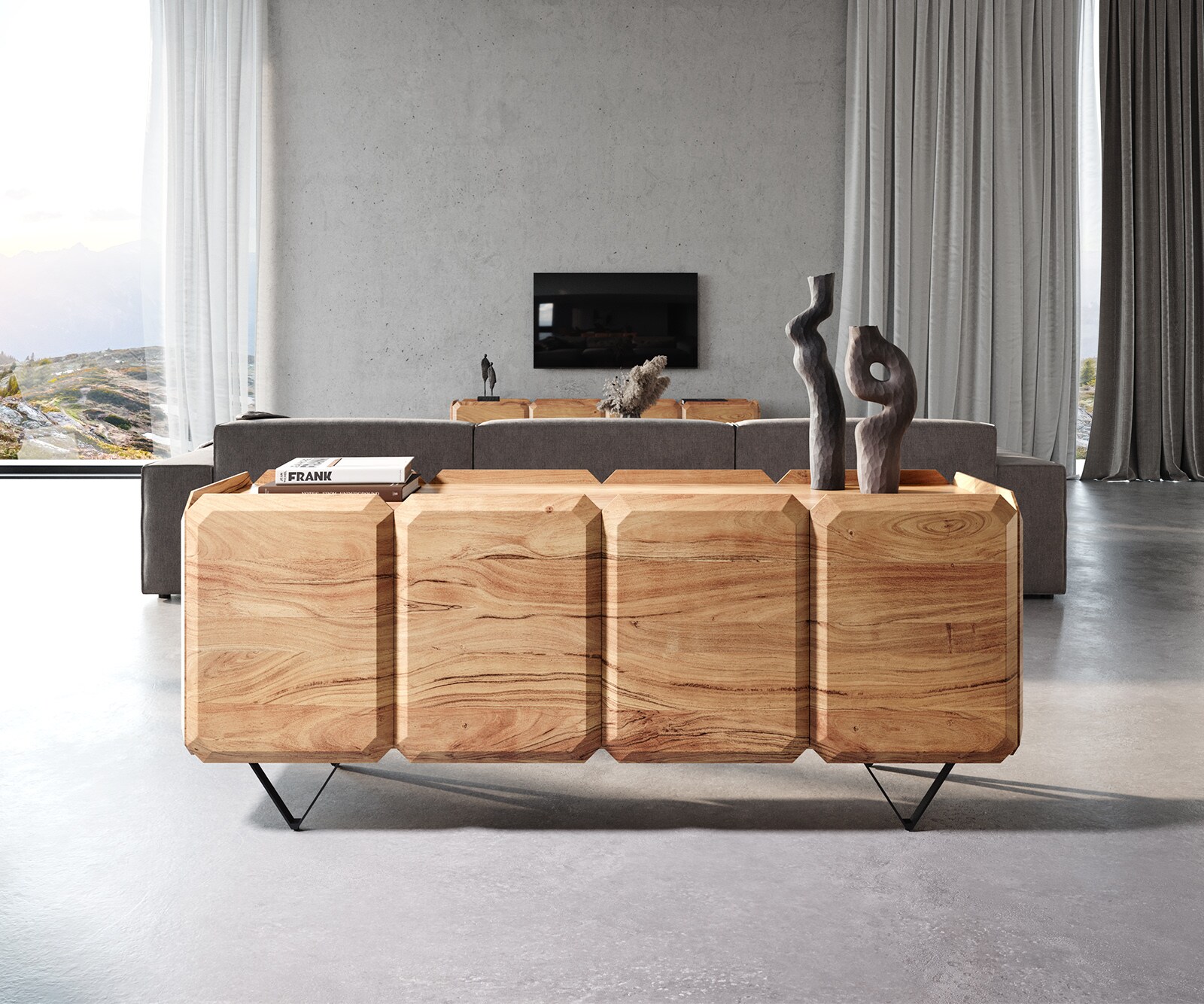 Buffet Kiano 175 cm Acacia Nature 4 Portes Pied en V Noir Séparateur de pièce 1