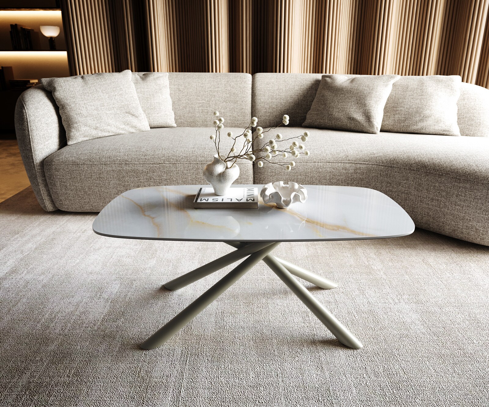 Table basse Edge forme bateau 100x50 cm céramique Onyx Pearl Sarity métal finition effet titane 1