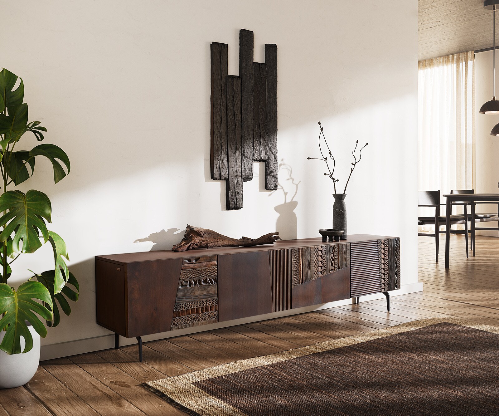 Meuble-TV Imara 200 cm brun manguier 4 portes pieds angulaires métal noir 1