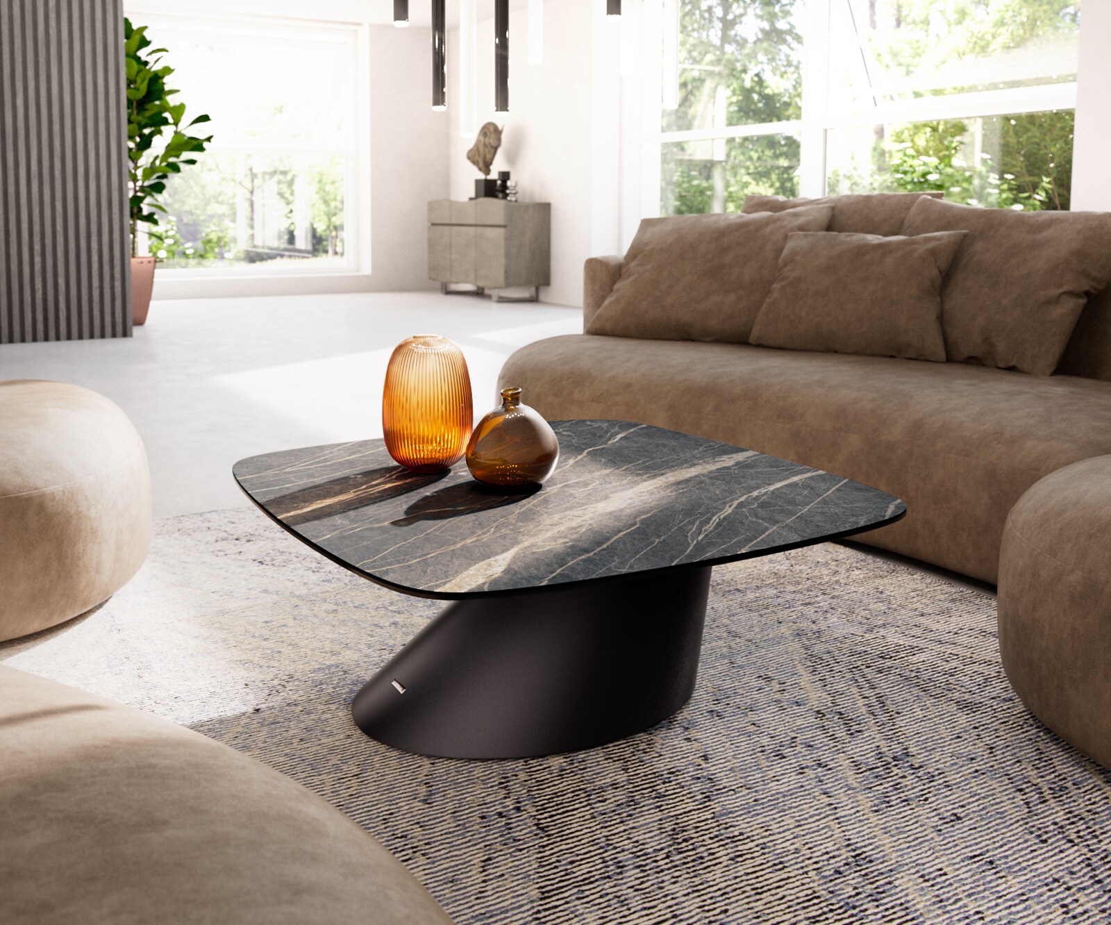 Table basse Edge Boot 90x90 cm céramique Laminam® Noir Desir brun Parabi acier inoxydable brossé 1