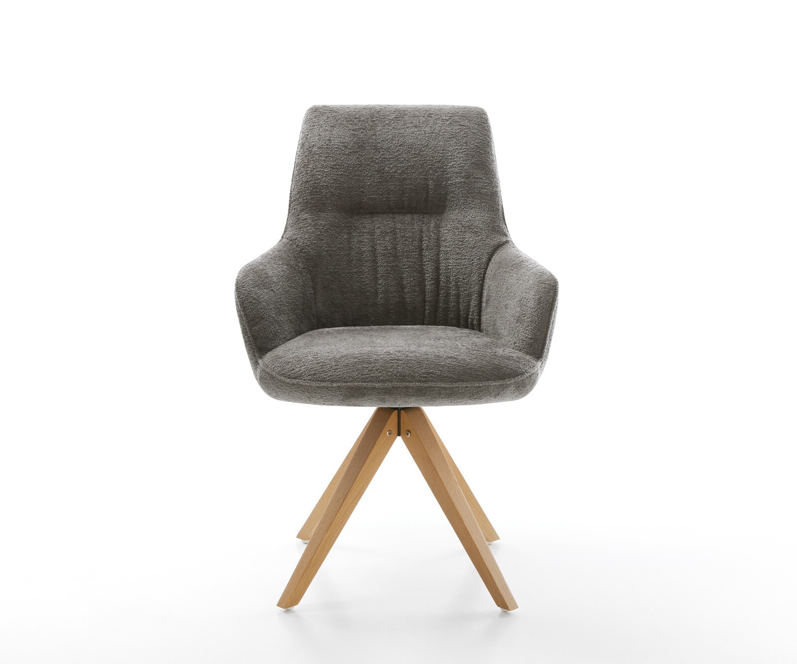 Chaise-pivotante Zelia-Flex avec accoudoirs bouclé doux couleur boue pied en bois angulaire naturel pivotement sur 180° resorts ensachés 1