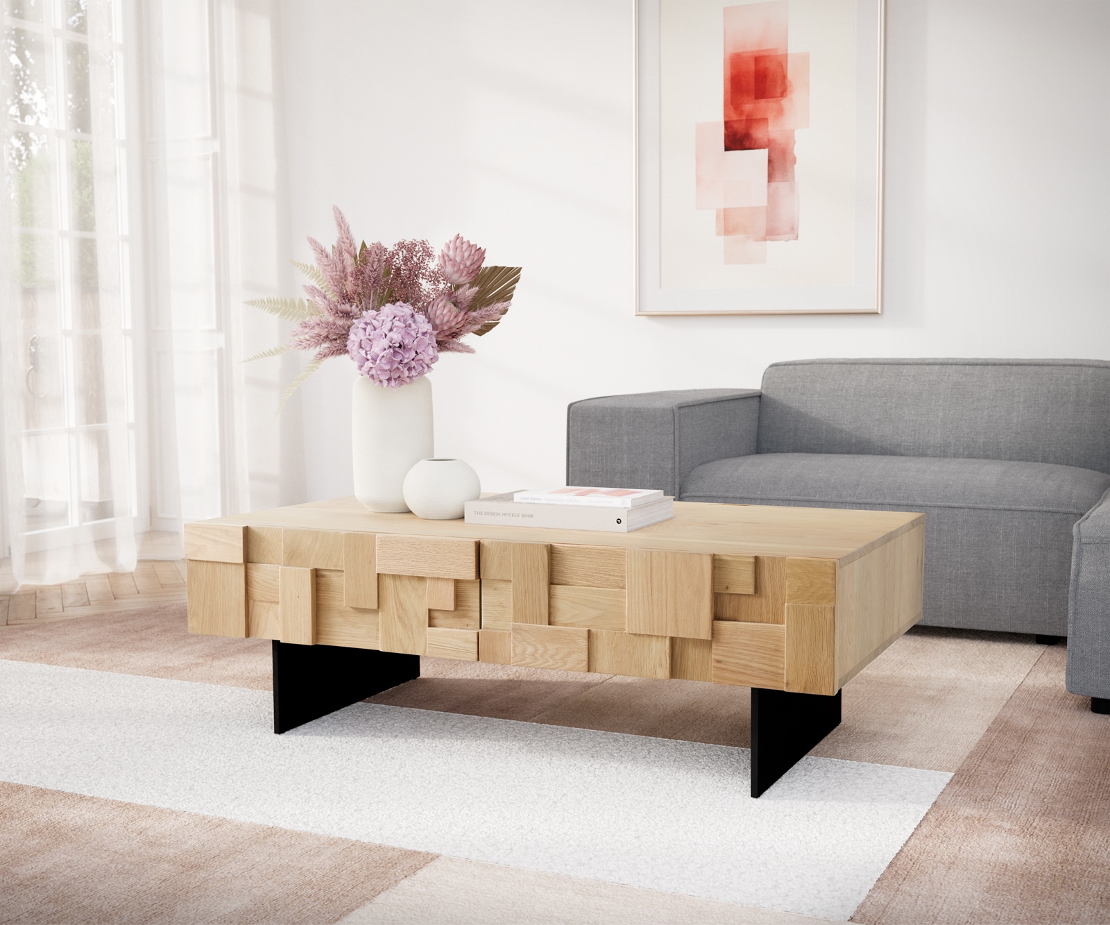 Couchtisch Puzzle 120 cm 4 Schubfächer Eiche Natur Fuß schwebend Metall schwarz Couchtisch Puzzle 120 cm 4 Schubfächer Eiche Natur Fuß schwebend Metall schwarz