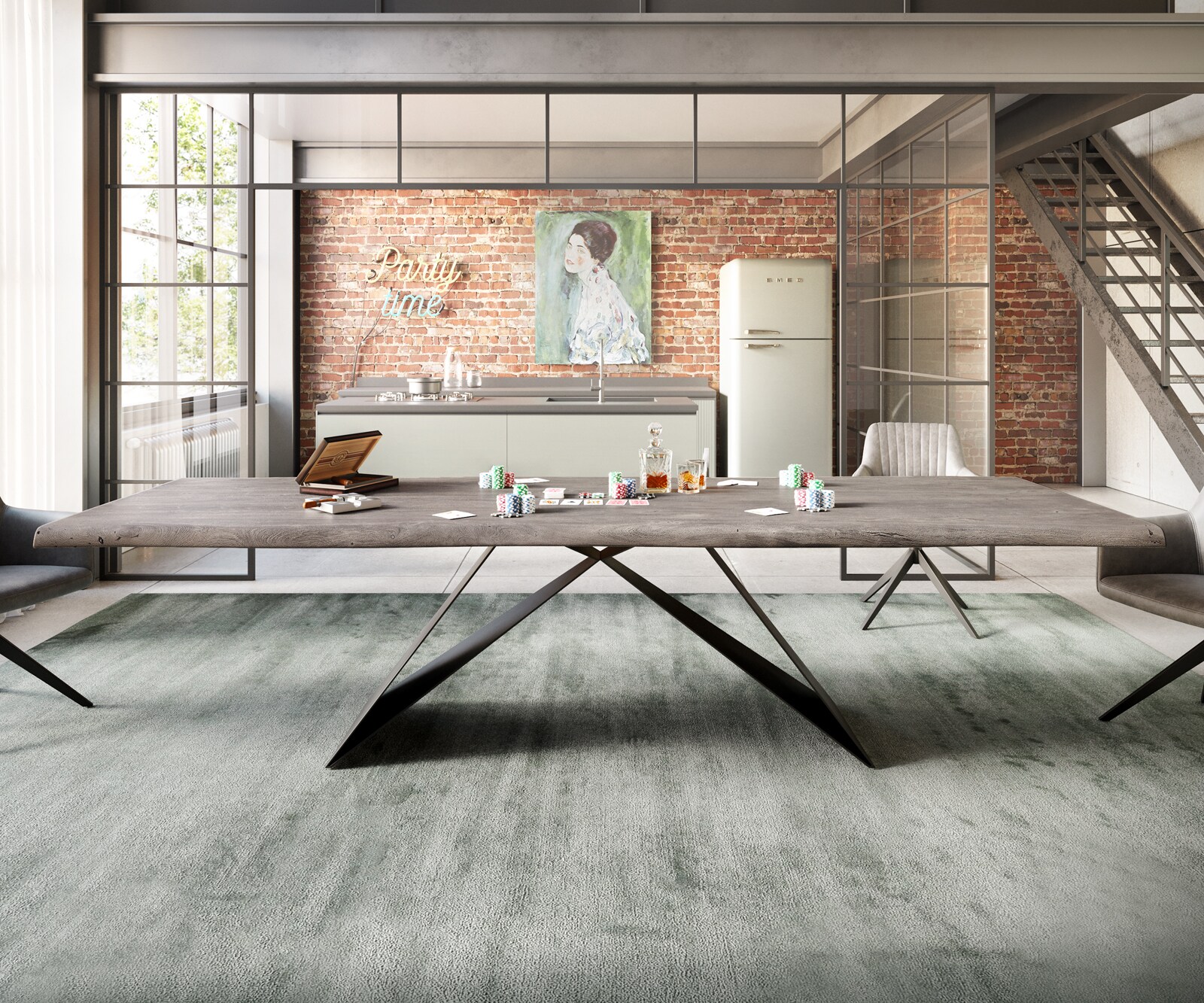 Table à manger Edge 300x100 XL acacia platine cadre en V acier plat noir Live-Edge 6