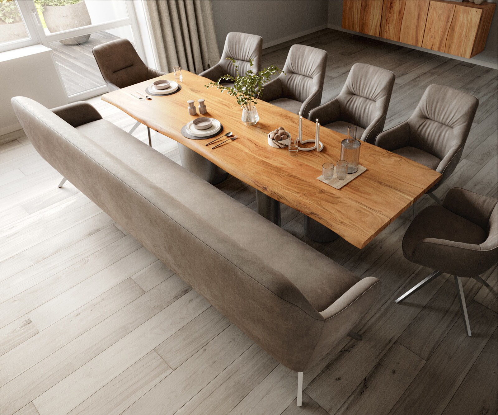 Banc-de-salle-à-manger Taya-Flex 300 cm microfibre taupe vintage pied croisé angulaire acier inoxydable ressort ensaché 3