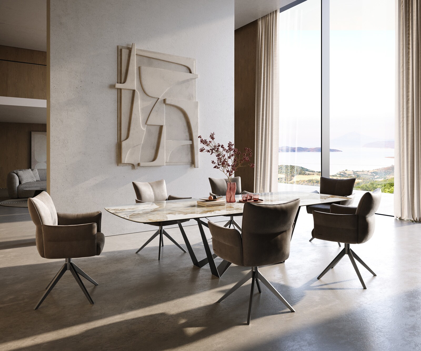 Esstisch Edge Boot 300x120 cm Keramik Minas Melange Weiß-Beige Spider Flachstahl Edelstahl Graphit 5