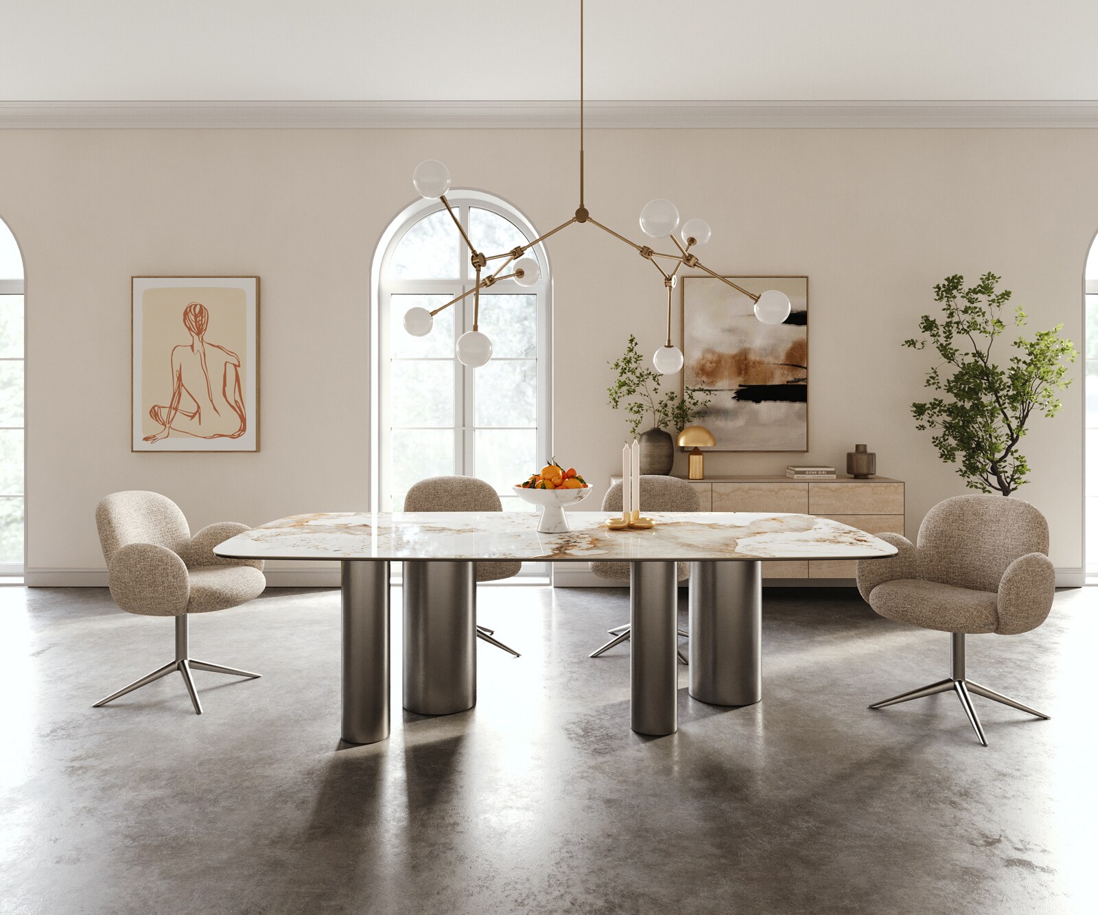 Table à manger Edge Boot 240x120 cm Céramique Minas Melange Blanc-Beige Pilier Acier inoxydable Graphite 1