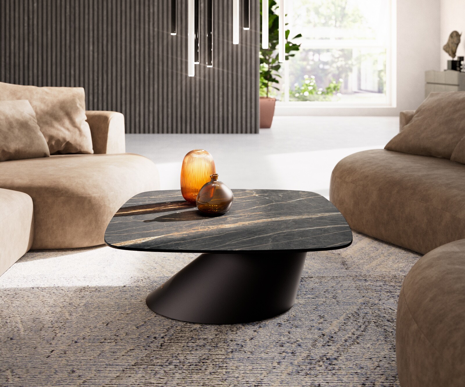 Table basse Edge Boot 90x90 cm céramique Laminam® Noir Desir brun Conis métal noir 1