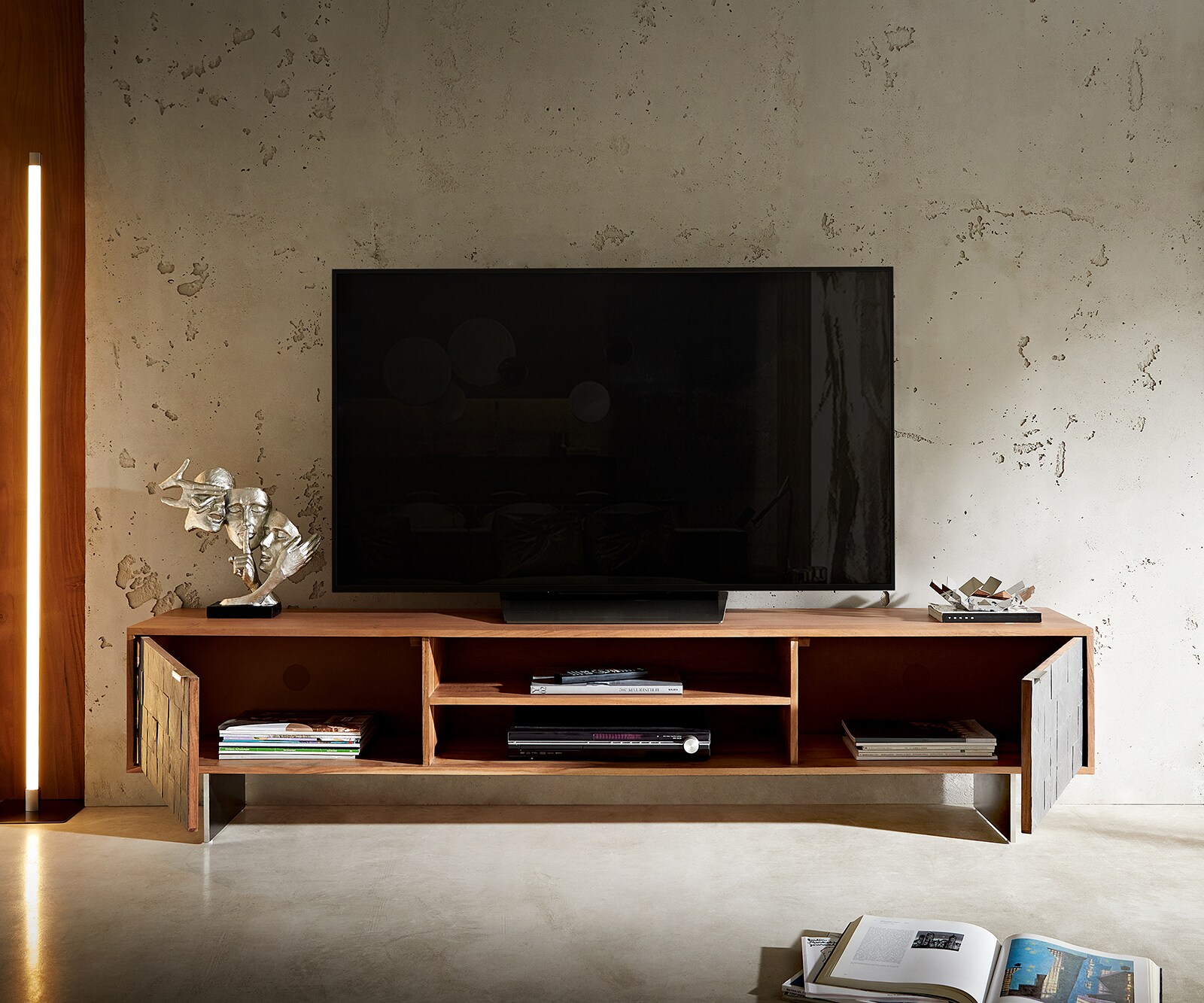 Meuble-TV Teele 200 cm acacia naturel ardoise 2 portes pied flottant inoxydable 5