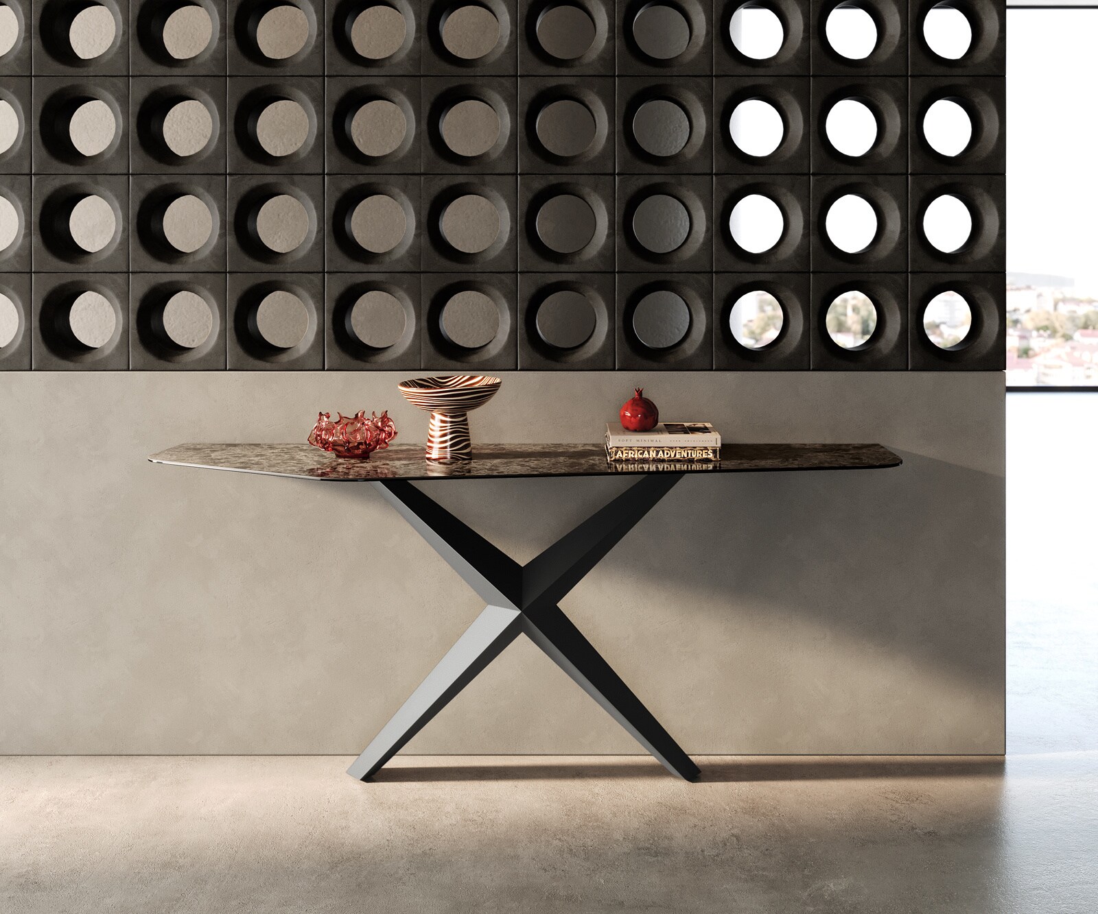 Console Edge Polygonal 180x50 cm Céramique Emperador Extra Lucidato Dunkelbraun Zentharo Métal Noir