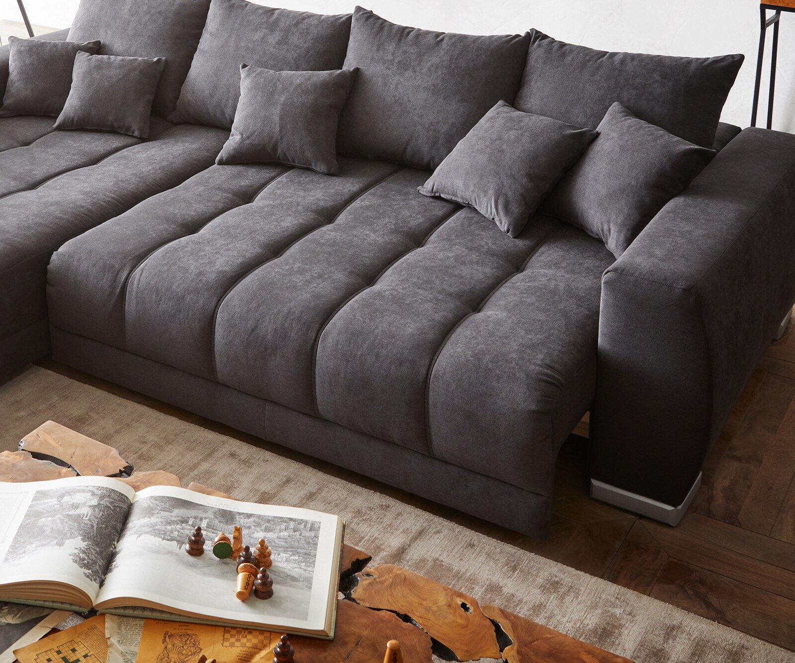 Canapé-panoramique Nabor 300x230 cm microfibre noir pouf à gauche incl. fonction d'extension électrique 3