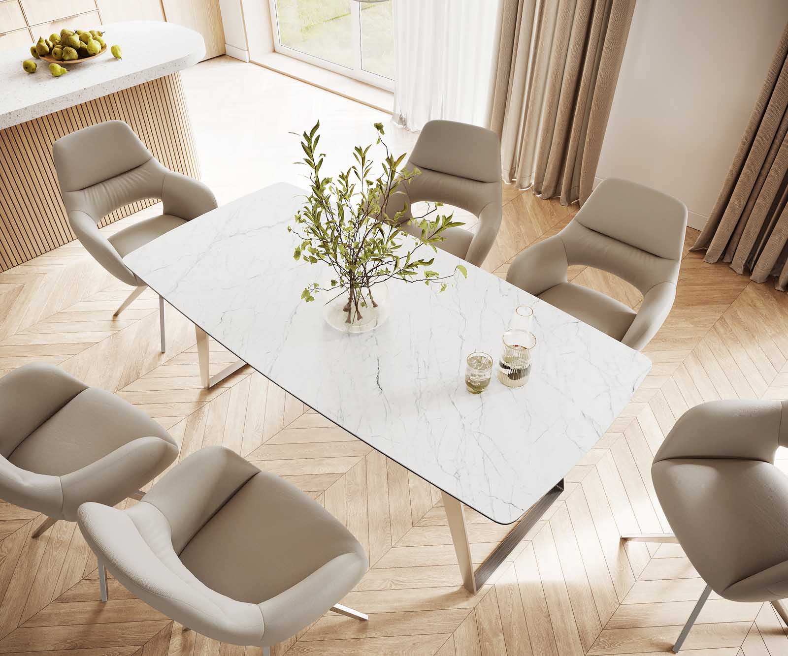 Table-à-manger Edge forme Boot 200x100 céramique Laminam® statuarietto blanc inox incliné 3 Table-à-manger Edge forme Boot 200x100 céramique Laminam® statuarietto blanc inox incliné 3