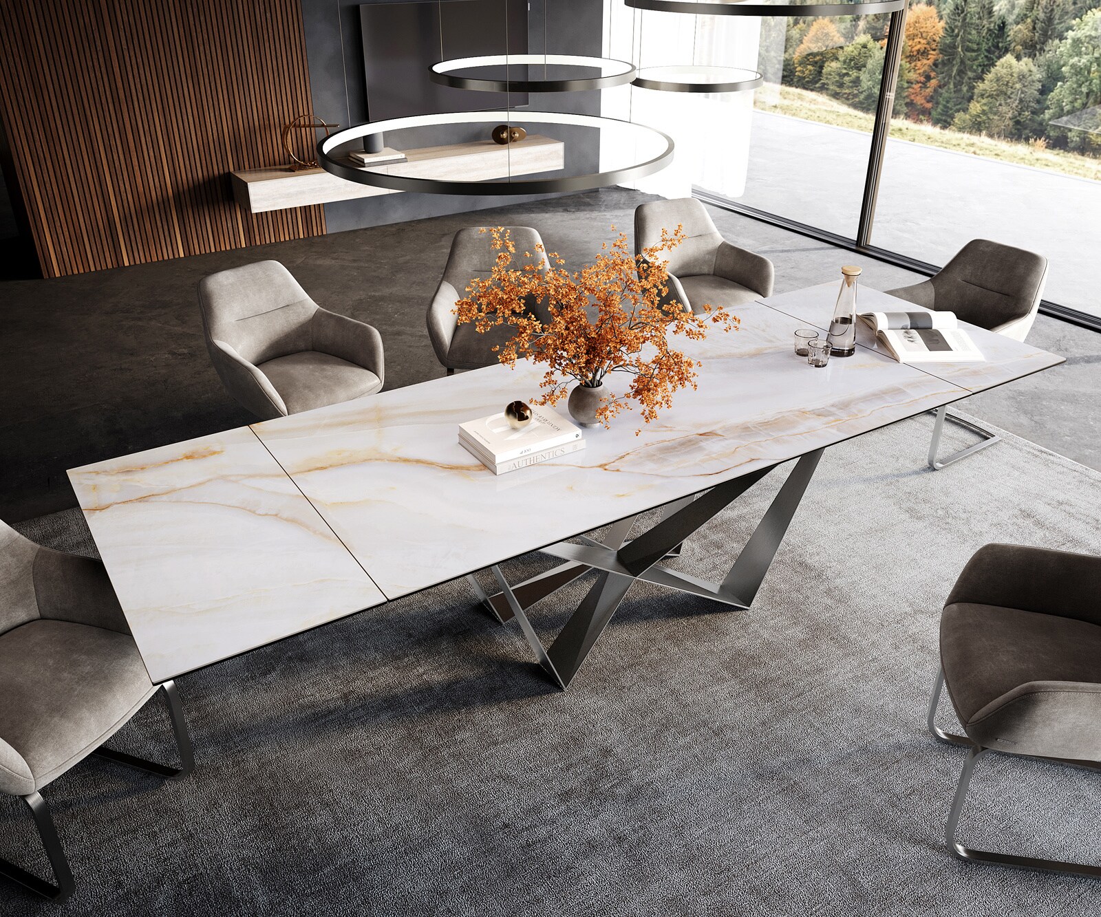 Esstisch Edge 200-300x100 cm Keramik Onyx Pearl Spider Flachstahl Edelstahl ausziehbar 3