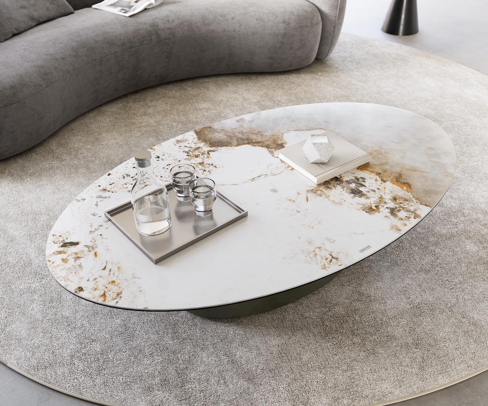 Table-basse Casilda 150x90 cm céramique Minas Melange blanc-beige pied central Finition à effet titane 5