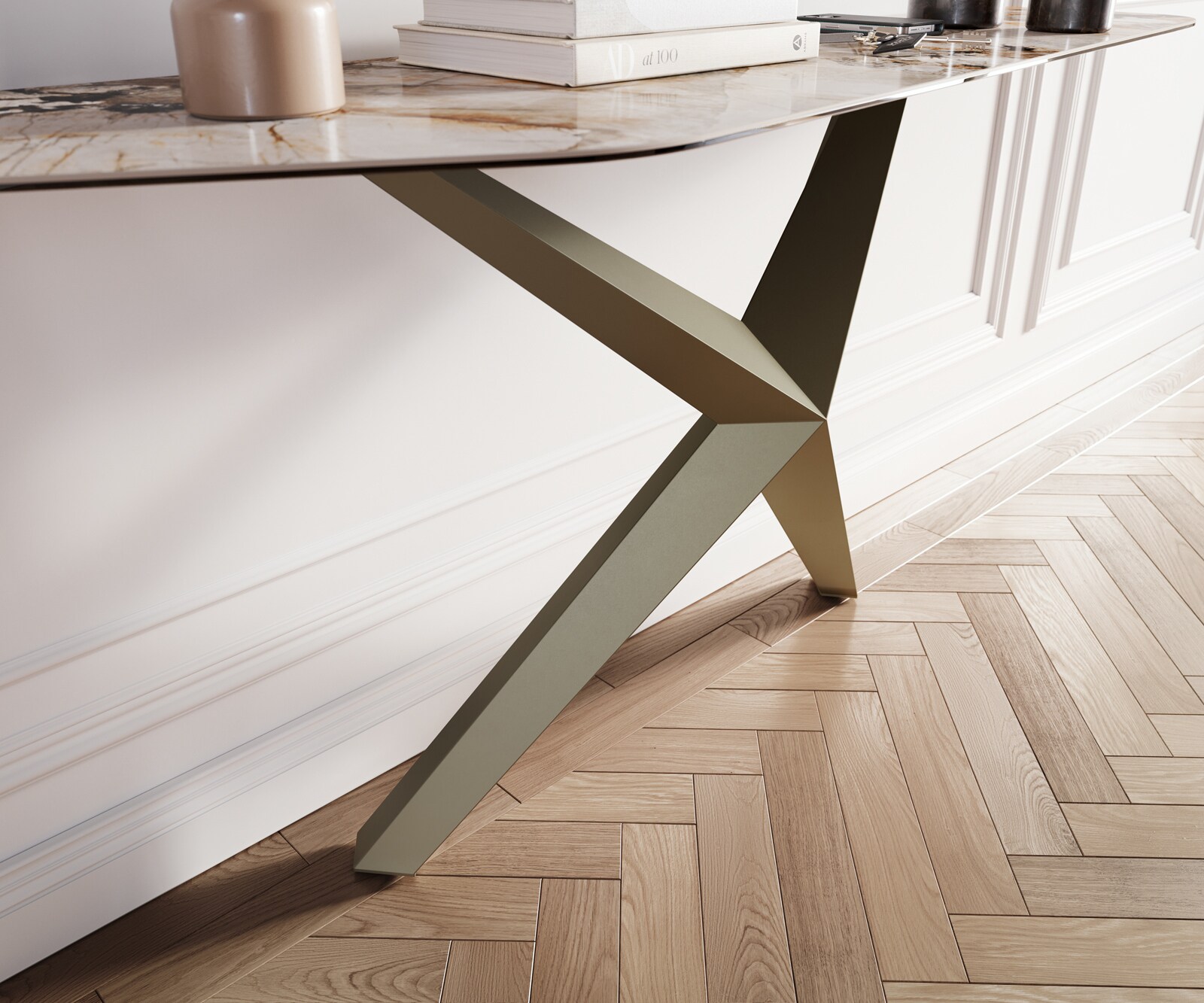 Konsolentisch Edge Polygonal 180x50 cm Keramik Patagonia Poliert Zentharo Metall Effektfinish Titan 6