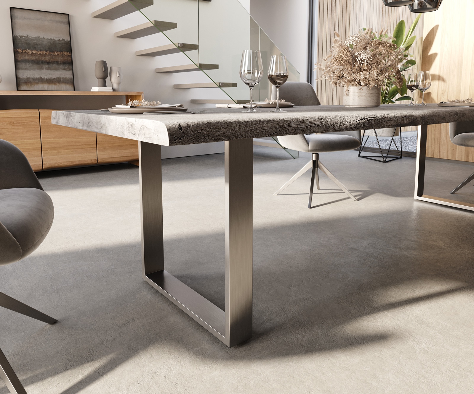 Esstisch Edge 300x100 XL Akazie Platin Edelstahl Schmal Live-Edge 5 Esstisch Edge 300x100 XL Akazie Platin Edelstahl Schmal Live-Edge 5