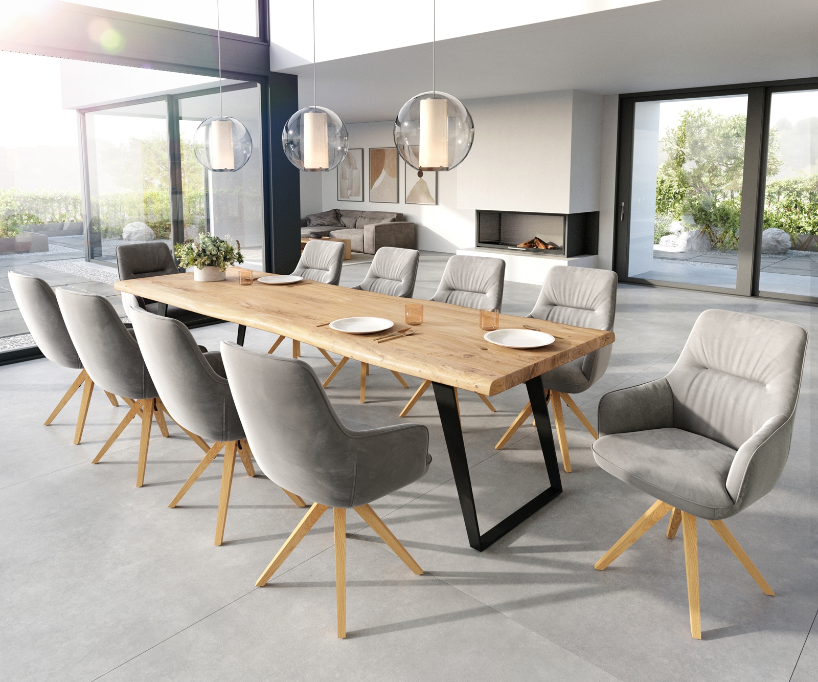 Esszimmerstuhl Zelia-Flex mit Armlehnen Samt Grau Holzgestell kantig Natur Taschenfederkern 4