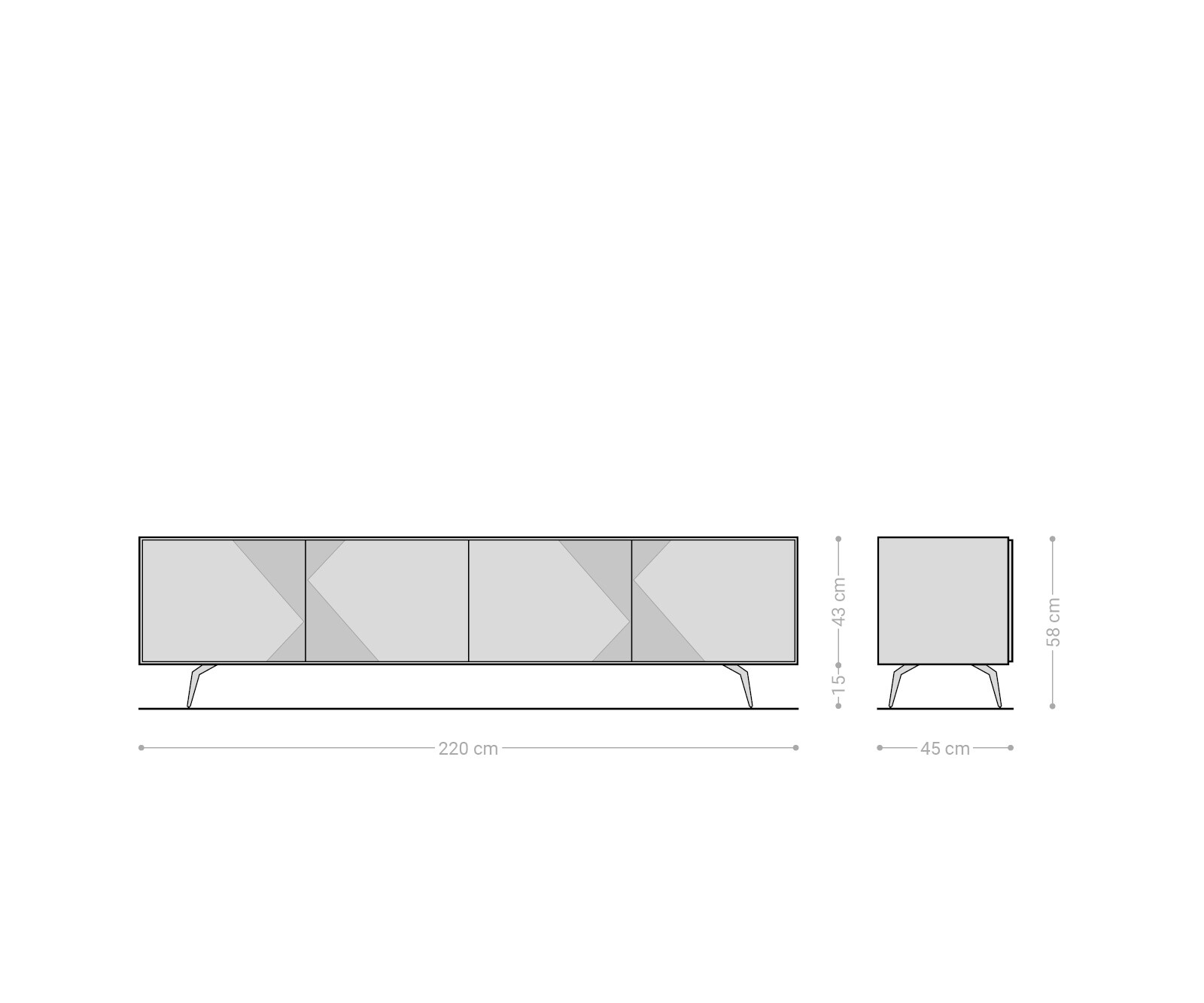 Lowboard Tereos 220 cm Esche Dunkelbraun 3D Effekt 4 Türen Winkelfuß Edelstahl gebürstet 6