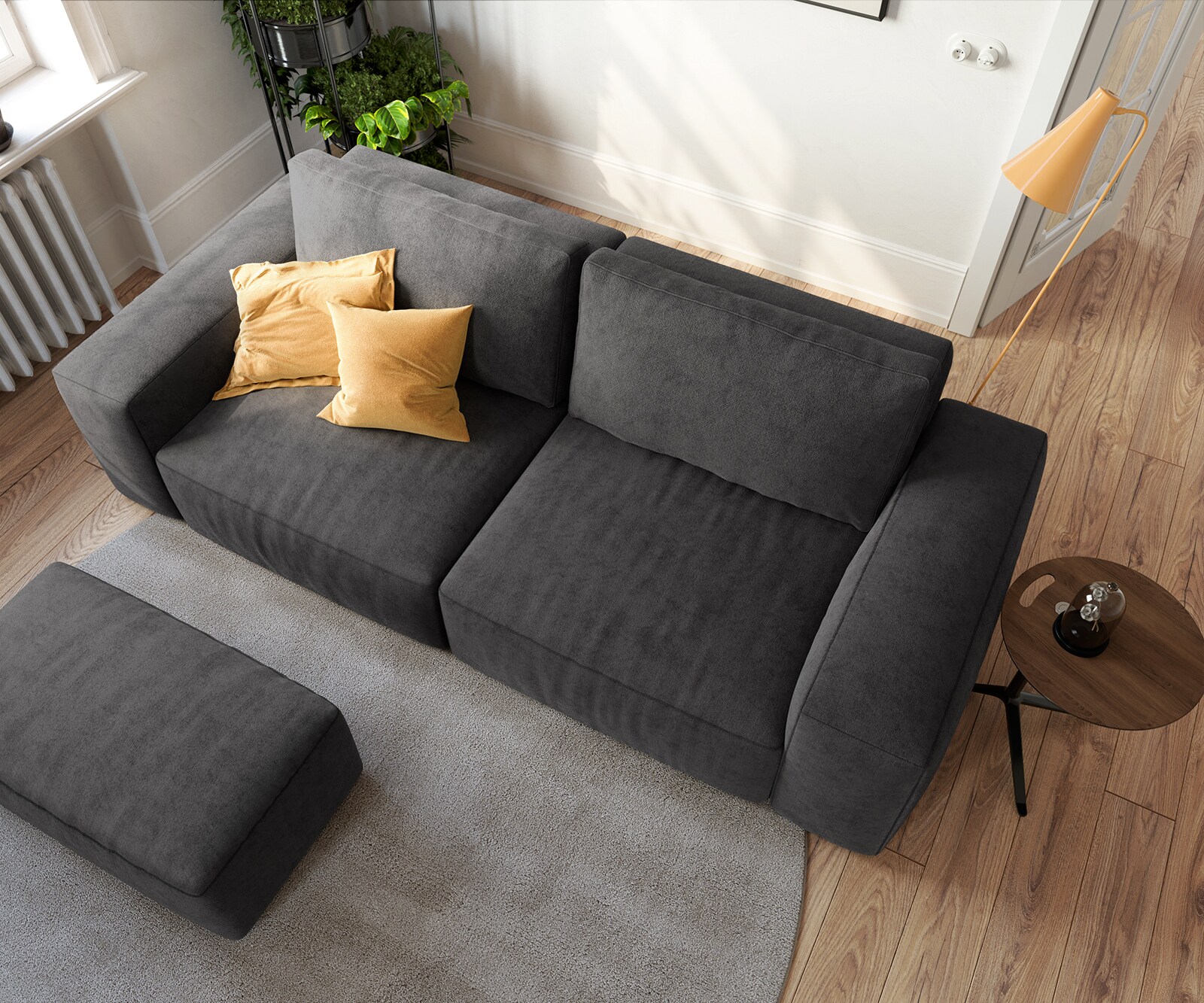 Big canapé Lanzo 230x95 cm microfibre noir avec pouf 3