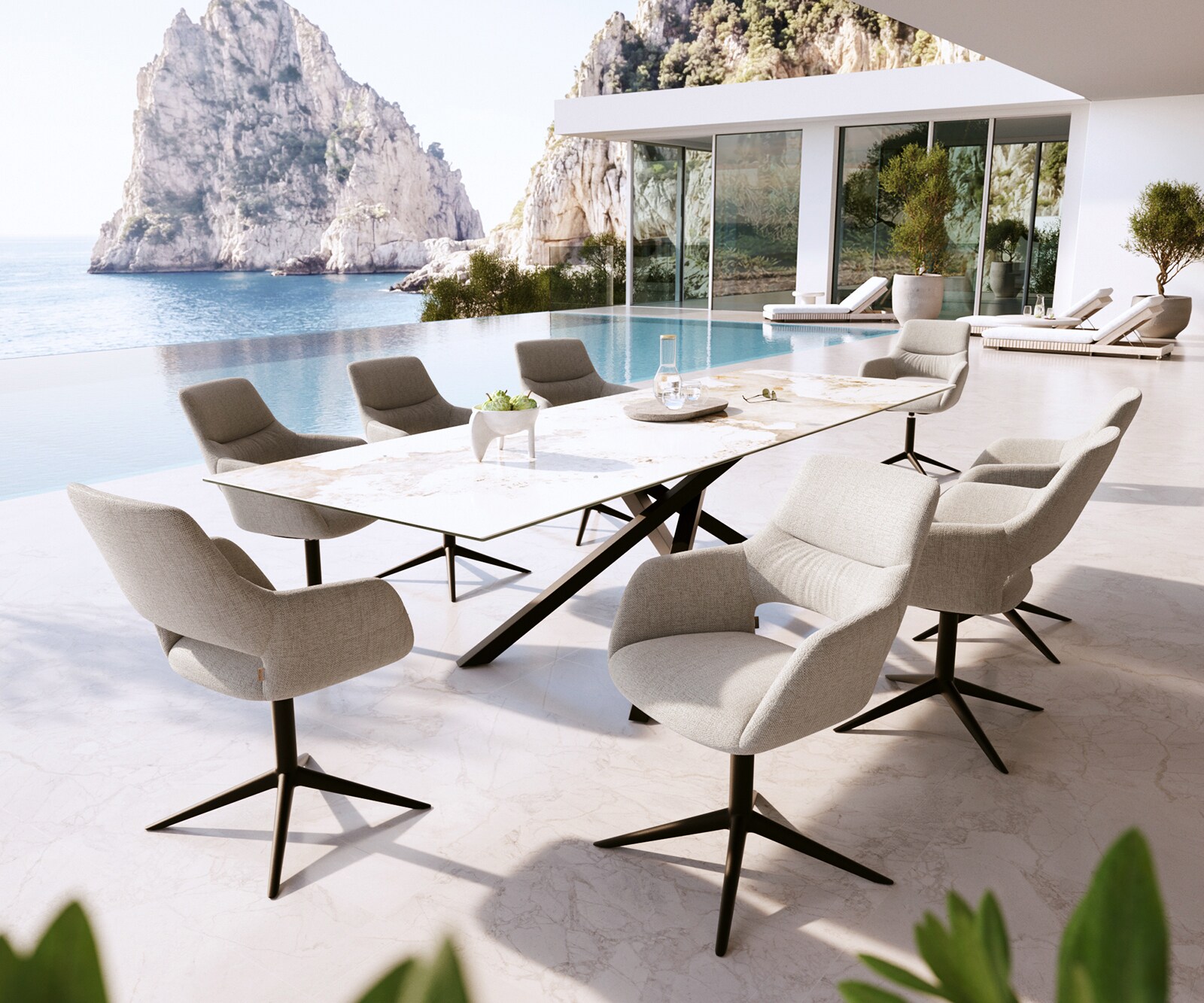 Chaise-d'extérieur Yago-Flex avec accoudoirs tissu texturé gris-blanc pied de chaise 4 branches noir pivotement sur 360° fonction bascule 3