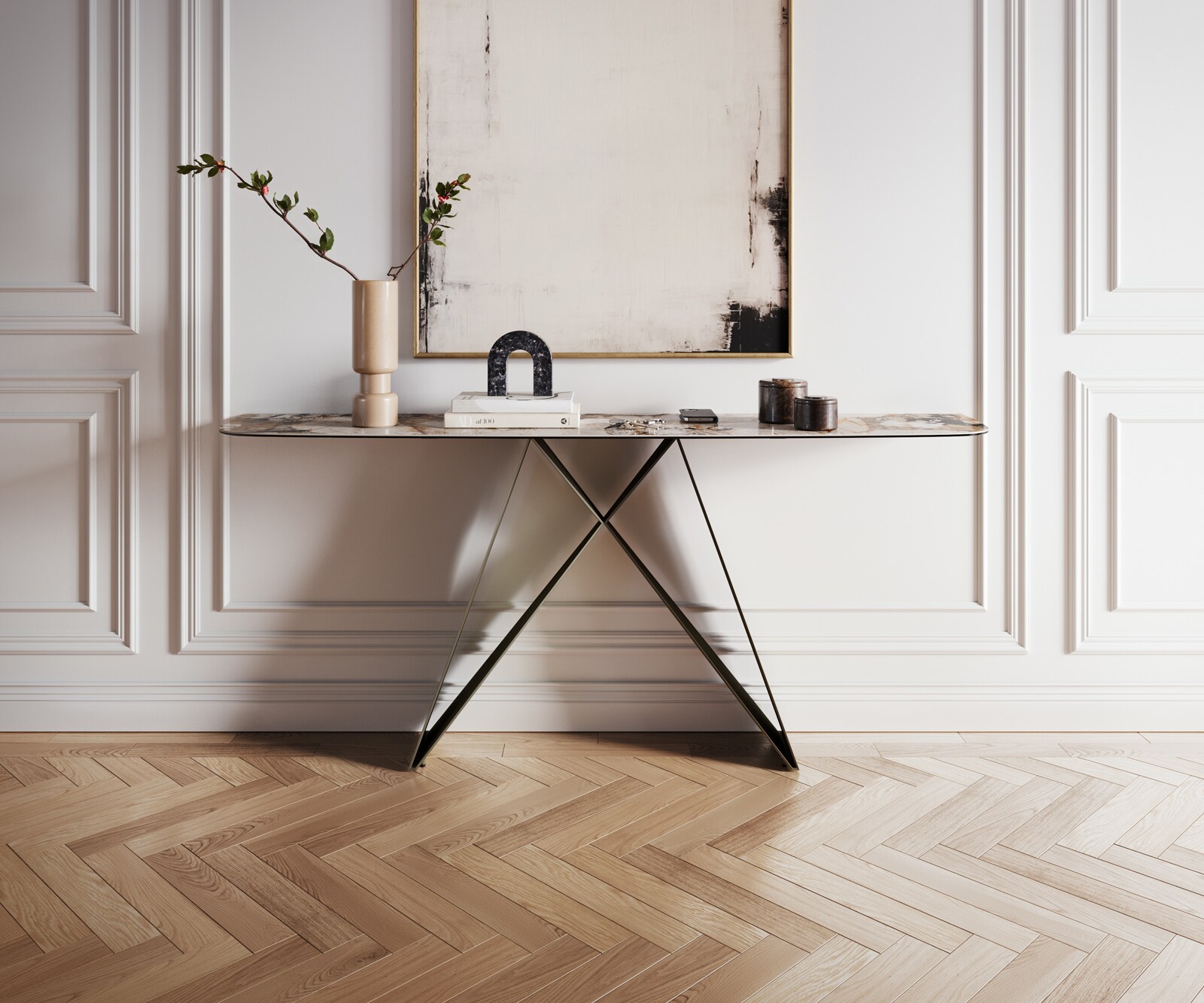 Console Edge forme bateau 180x40 cm Céramique Patagonia Poliert Velio Métal Effektfinish Titan 1