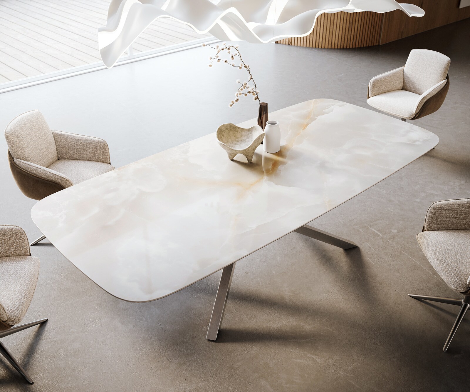 Esstisch Edge Boot 270x120 cm Keramik Iris FMG Onice Grigio Kreuzgestell Rechteck Edelstahl 3