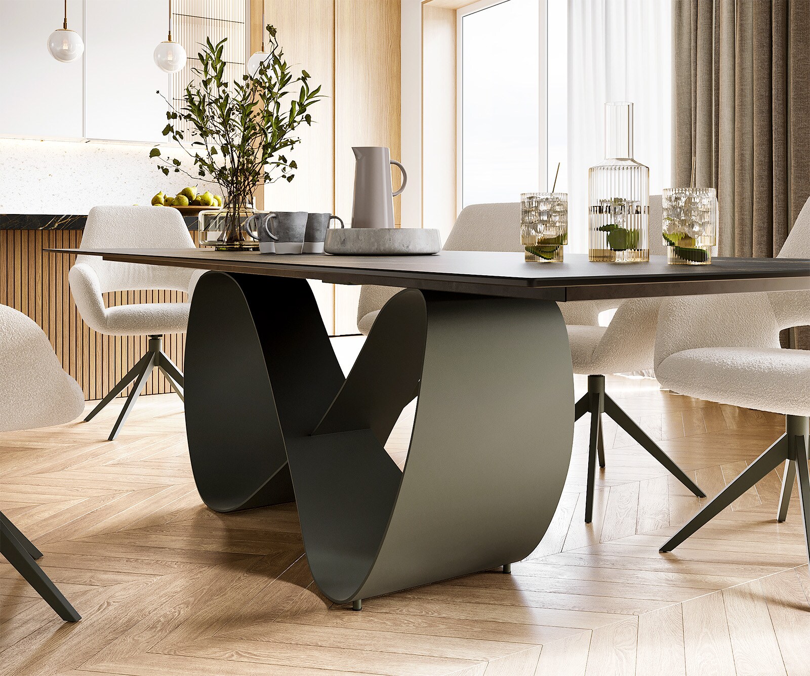 Esstisch Edge 300x100 Keramik Laminam® Noir Desir Braun Infinity Metall Effektfinish Titan 4