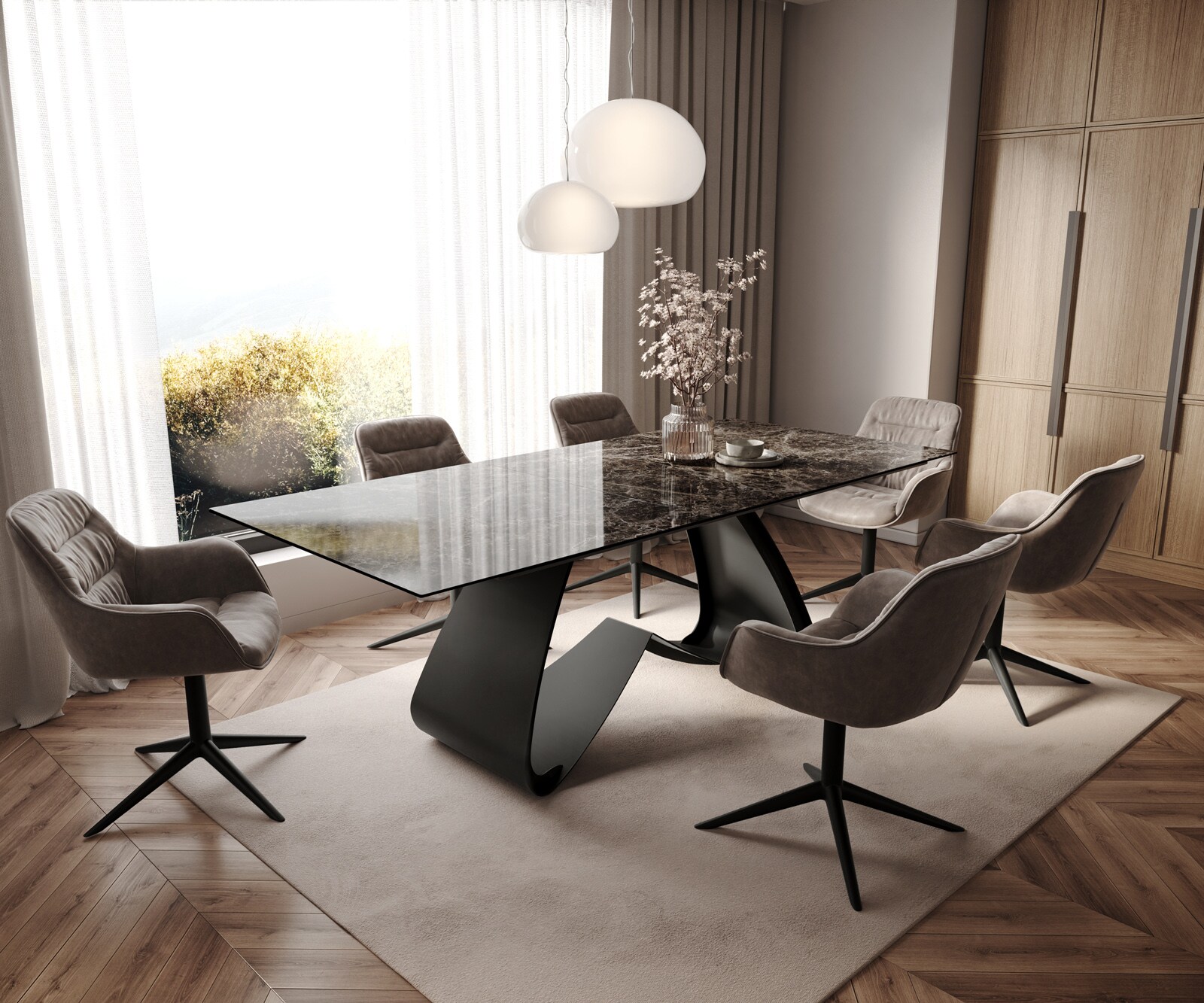 Table à manger Edge 180-220x100 céramique Laminam® Emperador Extra Lucidato marron foncé cadre en W noir extensible 7