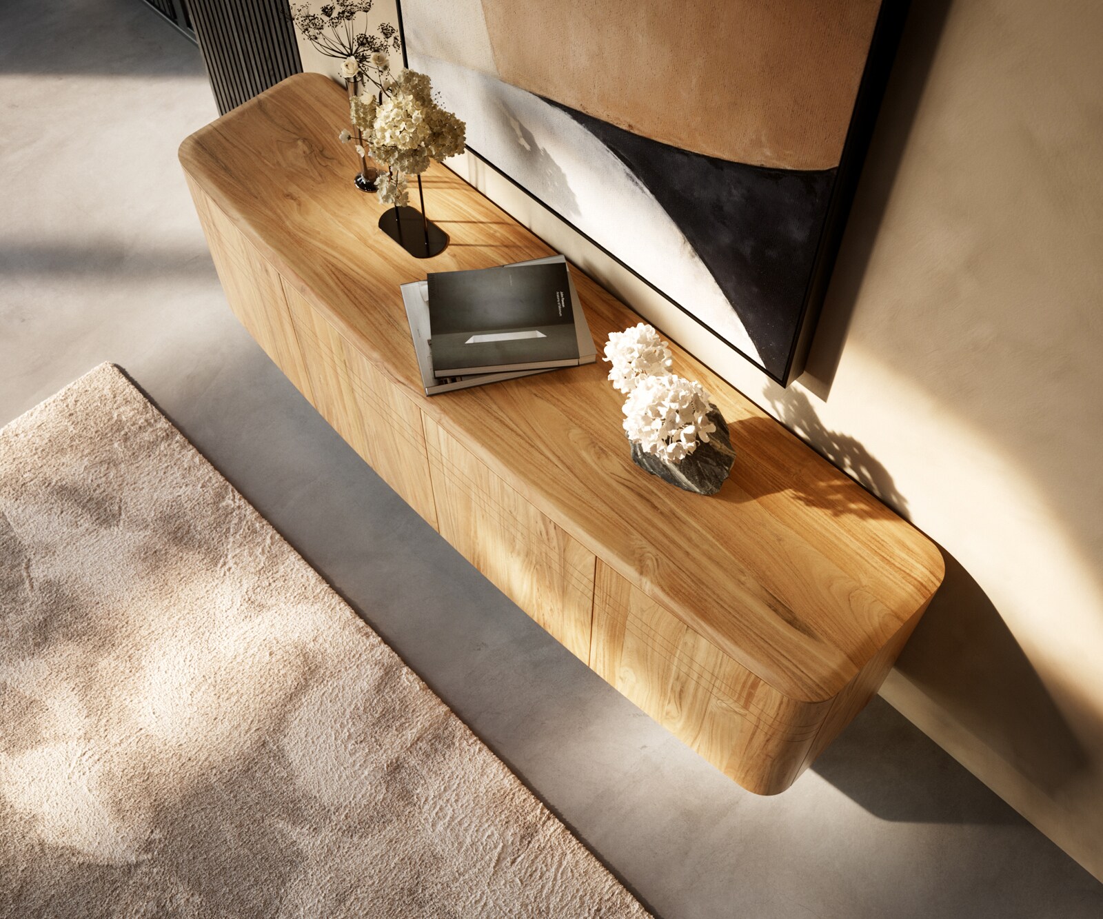 Buffet Nagaru 200 cm en acacia Aura 4 portes, pied en L en acier inoxydable brossé 3