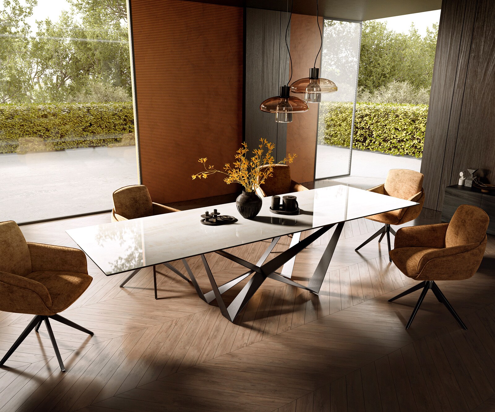 Esstisch Edge 300x100 cm Keramik Onyx Champagne Spider Flachstahl Edelstahl Graphit 7
