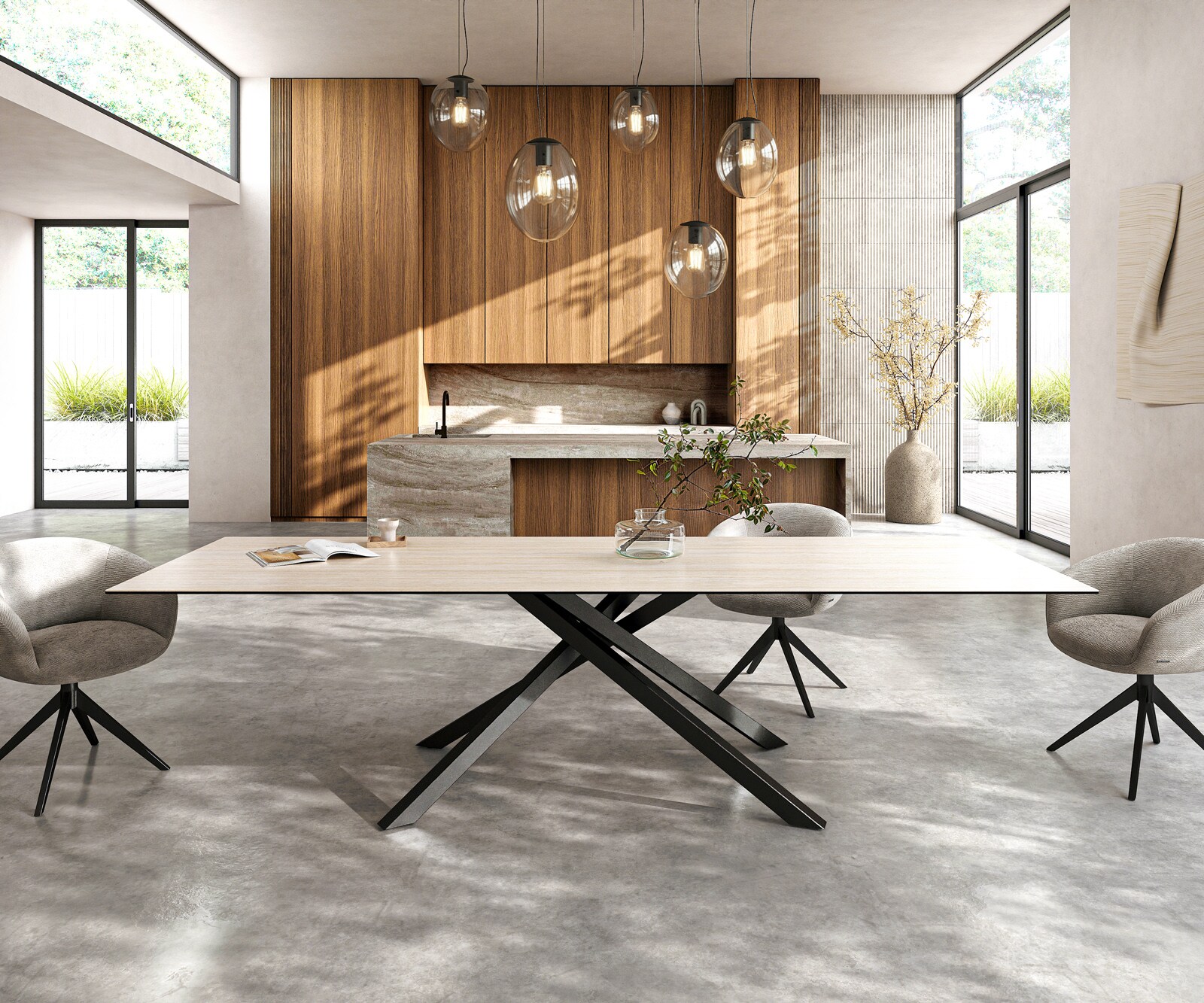 Esstisch Edge 300x100 cm Keramik Laminam®Travertino Bianco Creme-Weiß Kreuzgestell Rechteck Schwarz 2