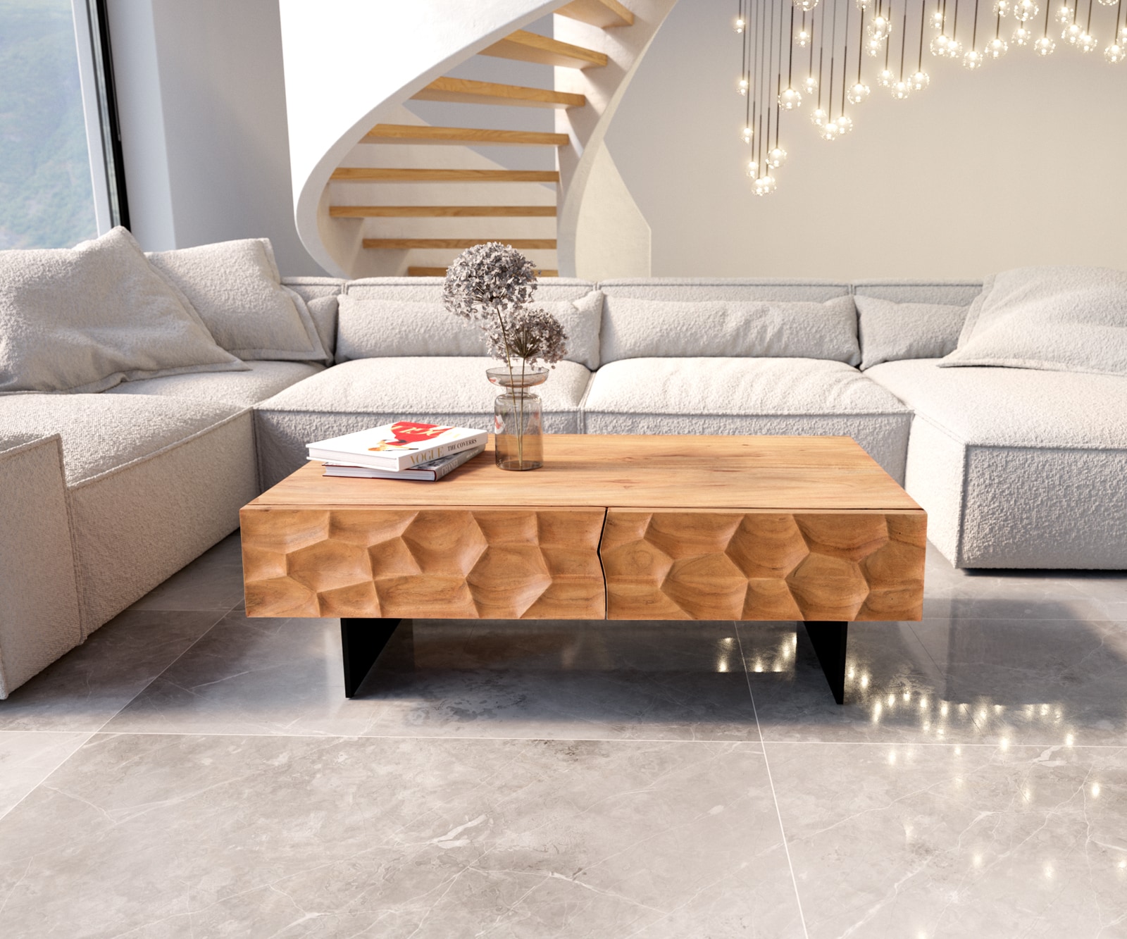 Couchtisch Solu 120x70 cm Akazie Natur 4 Schübe Fuß schwebend Metall Schwarz 3D-Front 1 Couchtisch Solu 120x70 cm Akazie Natur 4 Schübe Fuß schwebend Metall Schwarz 3D-Front 1