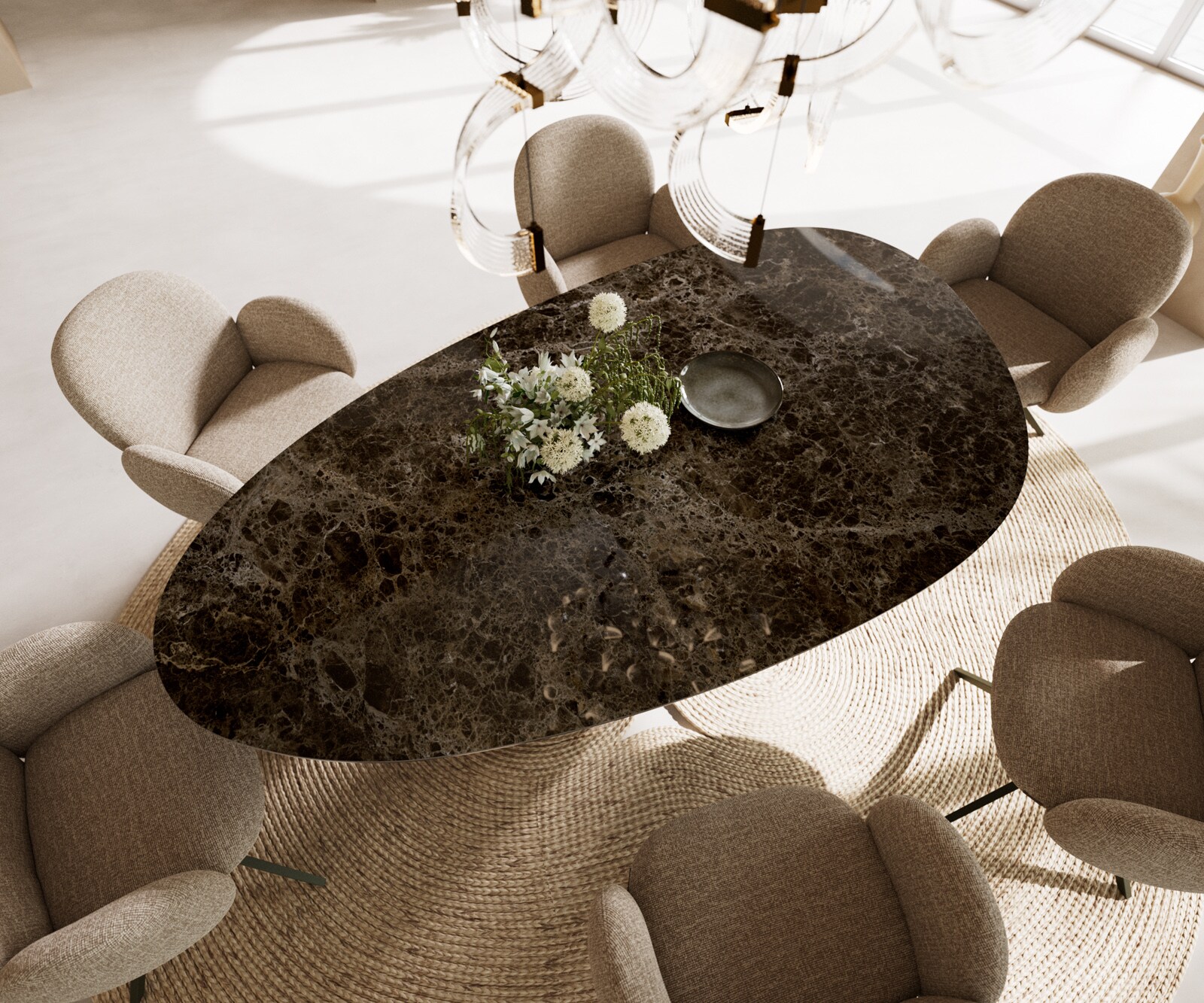 Table à manger Edge ovalee 220x120 céramique Laminam® Emperador Extra Lucidato marron foncé cadre en W métal effet finition titanee 2